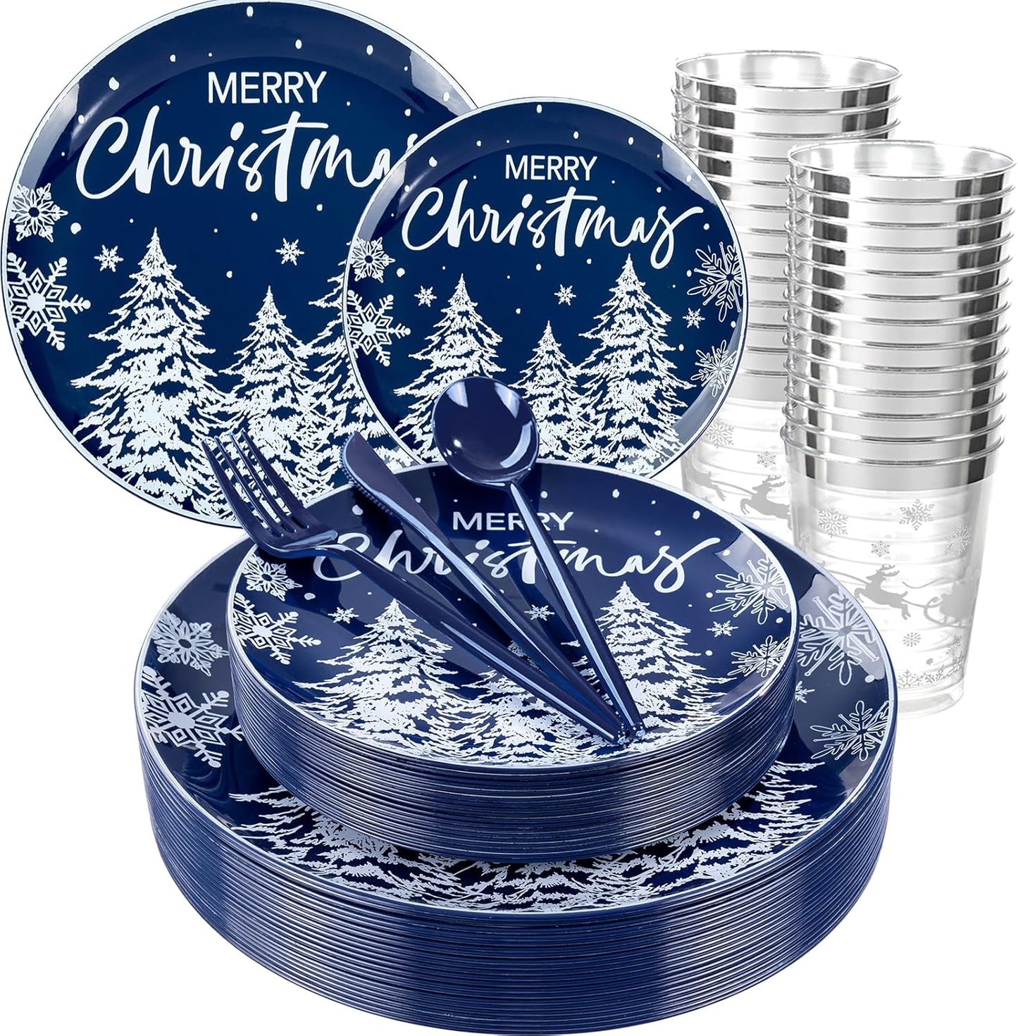 Supernal 150pcs Christmas Dinnerware Set - Blue and White Plates With Trees Design, Blue Silverware, Santa and Moose Silver Cups for New Year