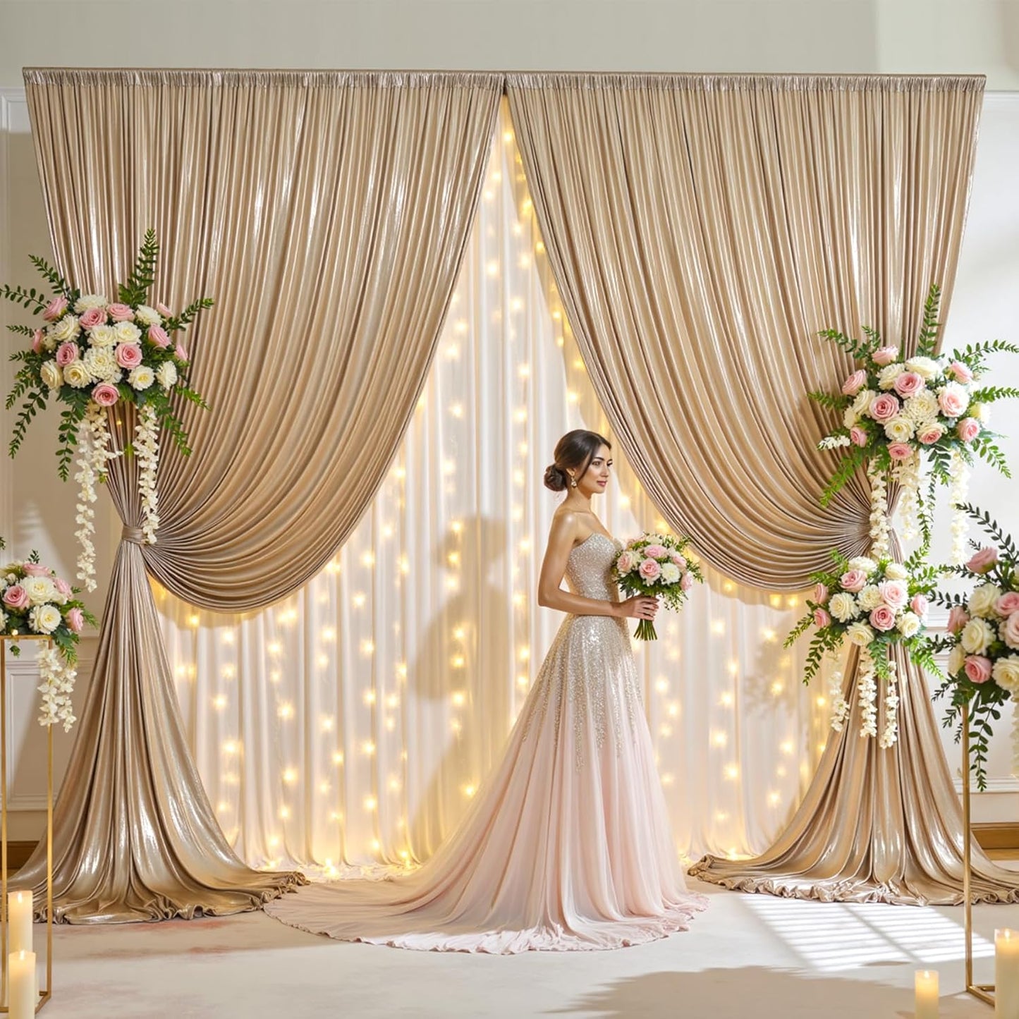 gogoparti 10x10FT Champagne Gold Sequin Backdrop Curtain - 2 Panels of 5x10FT Wrinkle-Free Glitter Drapes for Photography, Birthdays, Weddings & Graduations
