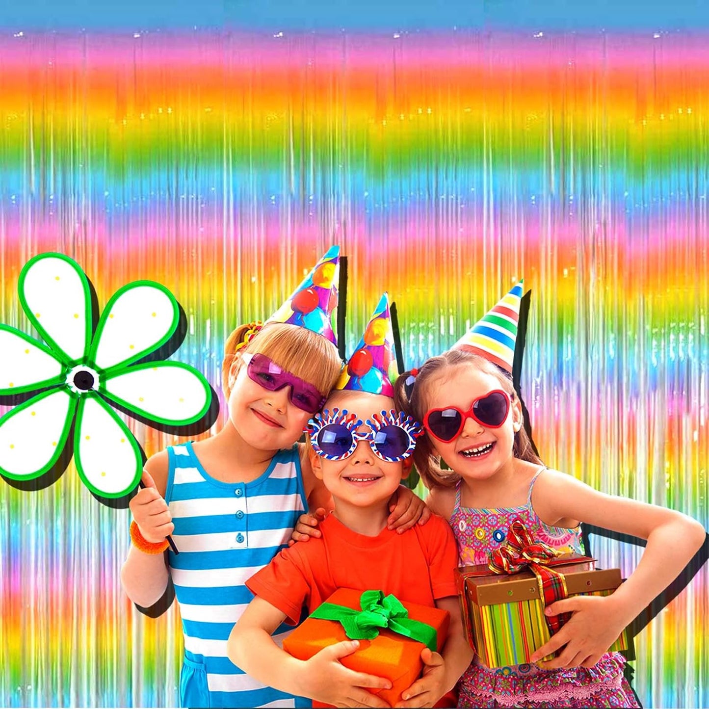 4 Pack Rainbow Tinsel Foil Fringe Curtain Backdrop, 3.28Ft x 8.2Ft Colorful Metallic Streamers for Photo Booth Props Wedding Bridal Shower Bachelorette Birthday Easter Christmas Party Decoration