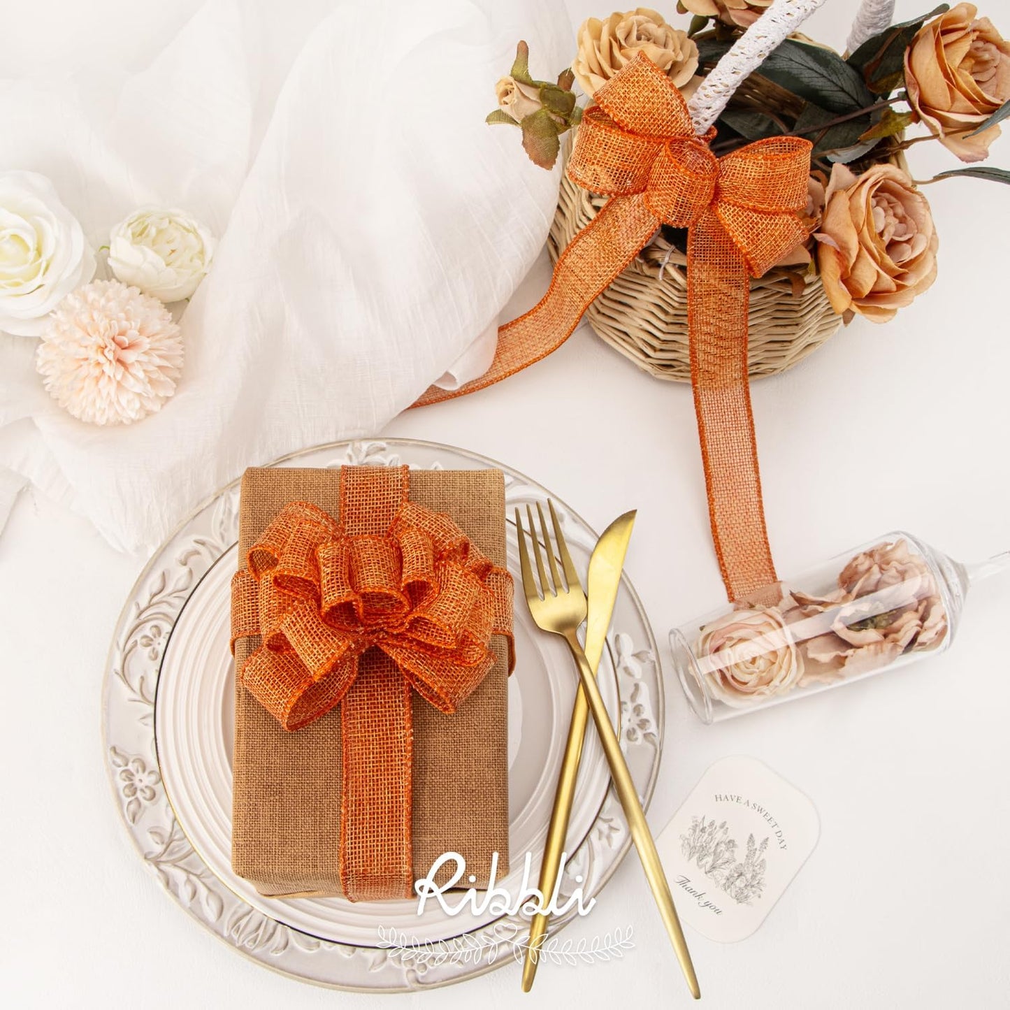 Ribbli Orange Burlap Wired Ribbon, 1” Inch x Continuous 20 Yard, Orange Wired Ribbon for Wreaths,Big Bows,Tree Decoration,Outdoor Decoration