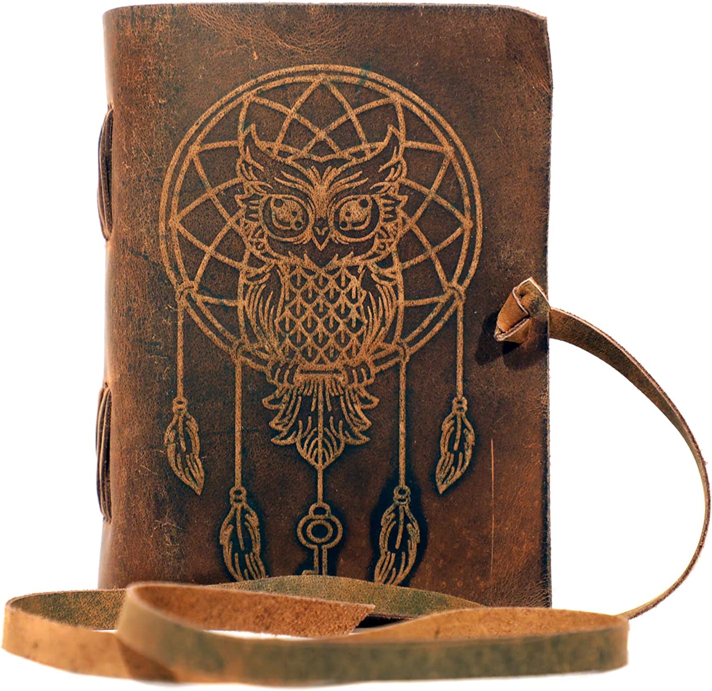Urooj Handicraft Book Of Shadows journal blank dream catcher with owl leather witchcraft books grimoire spell sketchbook college poetry personal notebooks (Owl Brown)