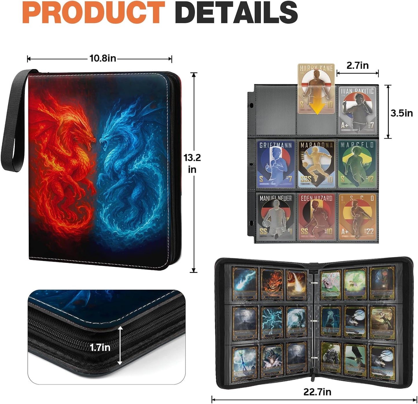 Dragon Design 9 Pocket Card Binder – Premium Trading Card Album Holds 720 Cards, PU Leather Zipper Case with 3-Ring Removable Pages – Perfect for MTG, TCG, Sports Cards, Gift for Collectors