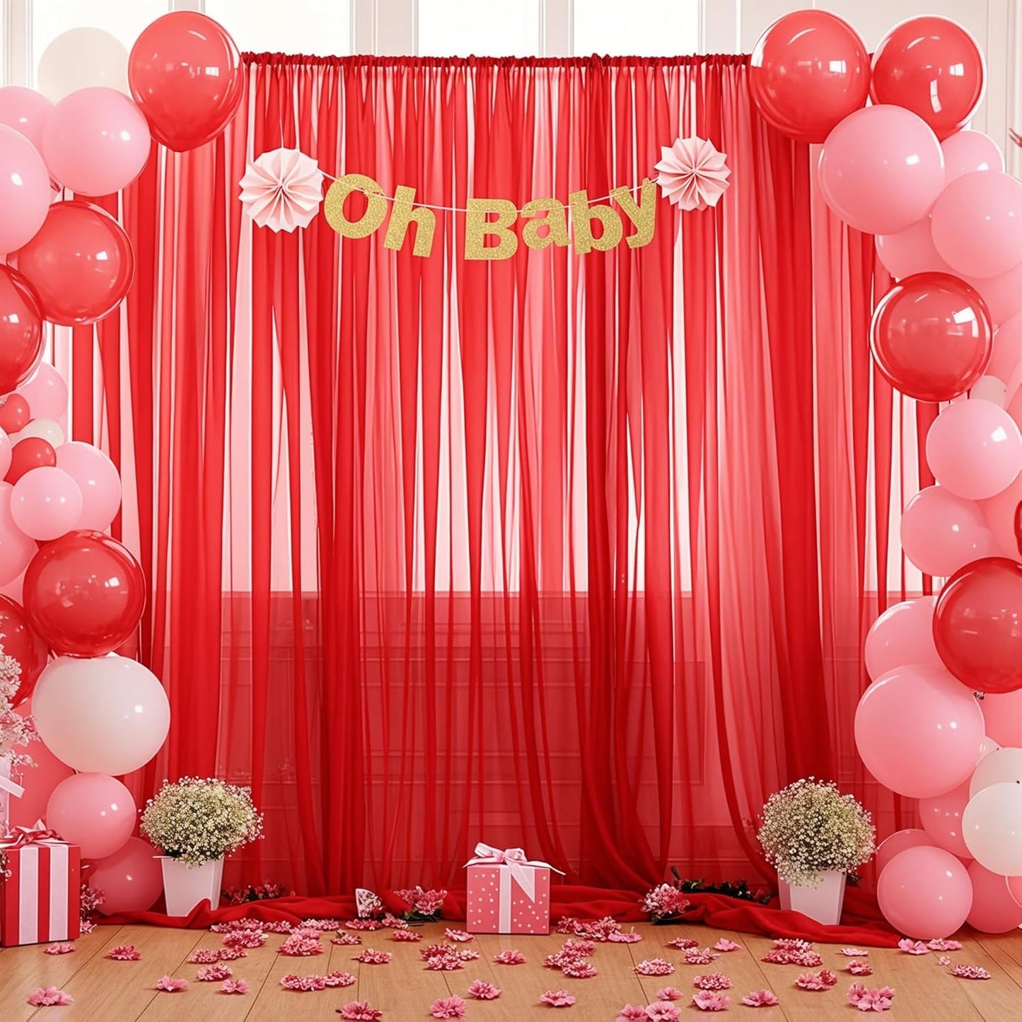 10x10 Red Tulle Backdrop Curtains for Parties, Sheer Backdrop Curtain Wedding Photo Background Drapes for Baby Shower Photography Birthday Party
