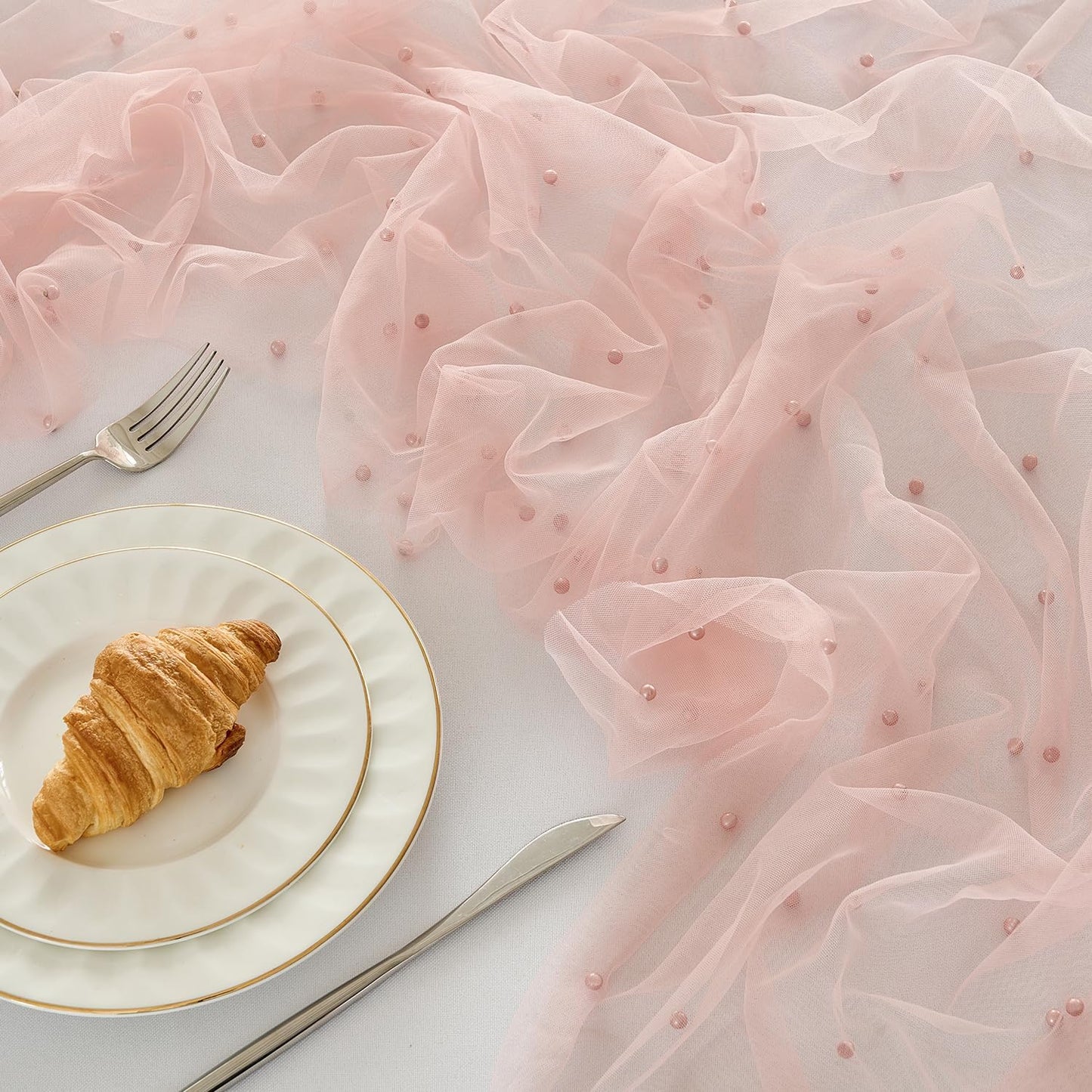 Fanami 6 Pack Pearl Table Runner -10FT Dusty Pink Boho Tulle Table Runners 120 Inches Long Rustic Sheer Lace Fabric Centerpieces for Wedding Arch Birthday Party Bridal Veil Baby Shower Decorations