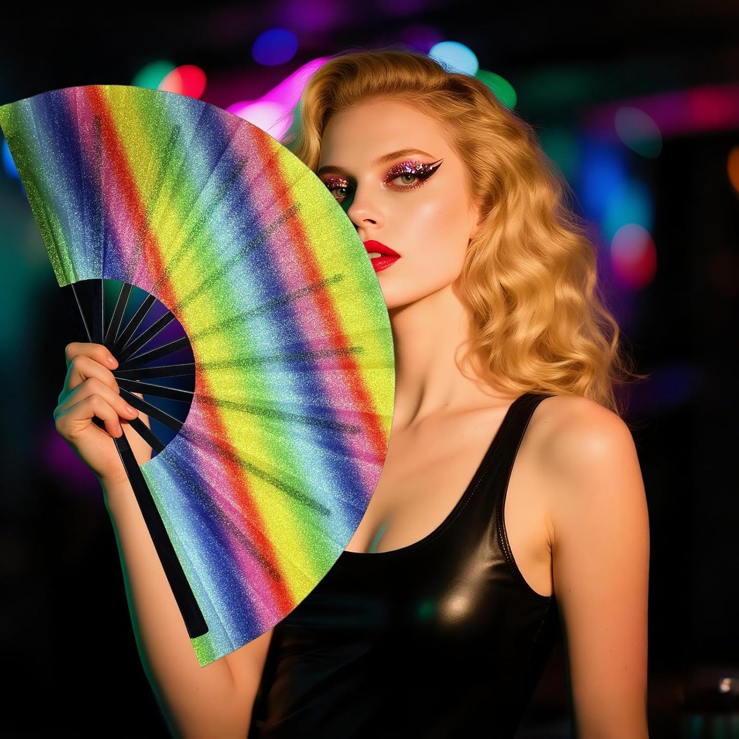 13'' Large Glitter Rave Fan Folding Hand Fans for Men Women Line Dancing Portable Handheld Clack Fan for Festival EDM Party Music Outfit Accessories