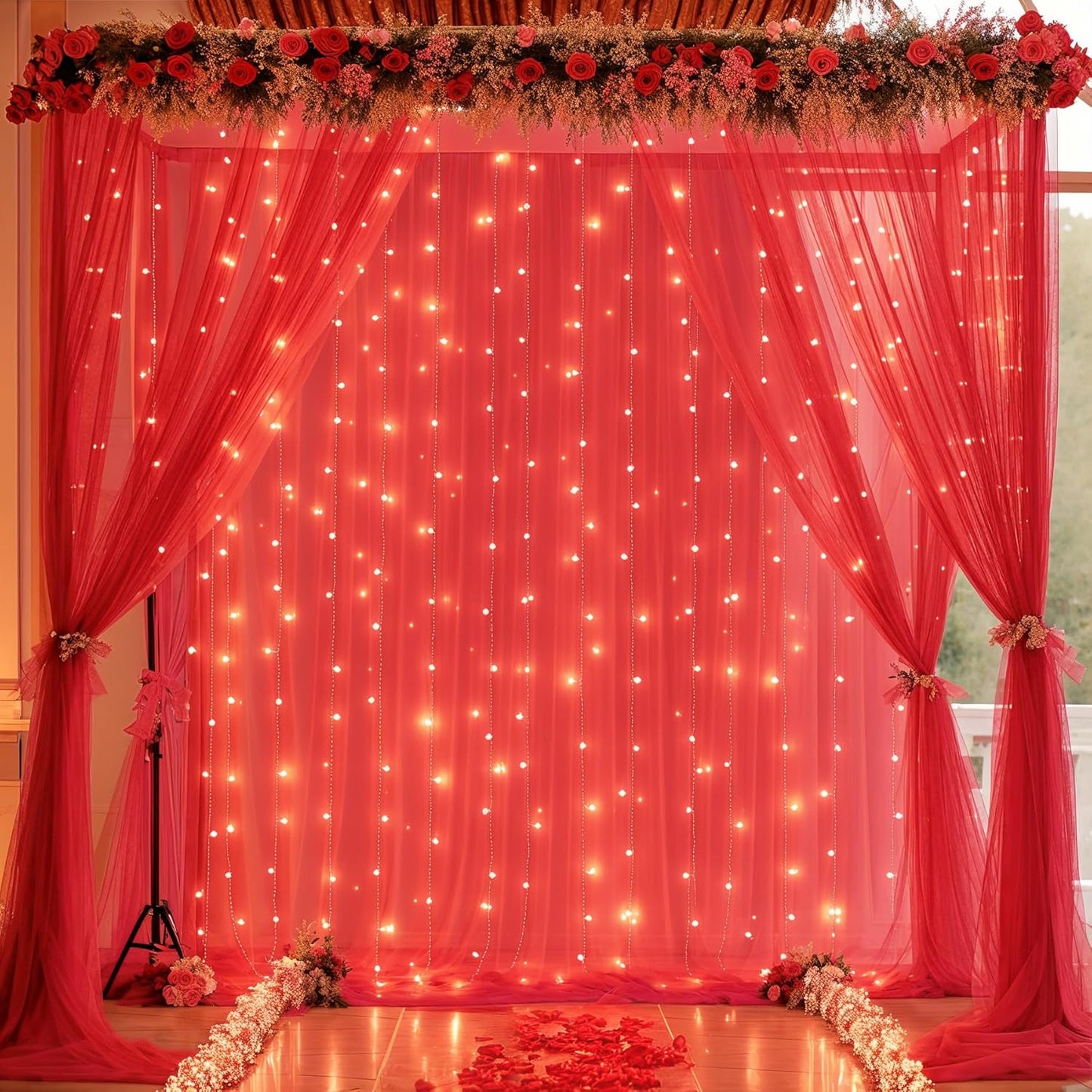 30×10ft Red Tulle Backdrop Curtain with Lights String for Parties, Sheer Photo Backdrop Curtains for Wedding Party Photography Background
