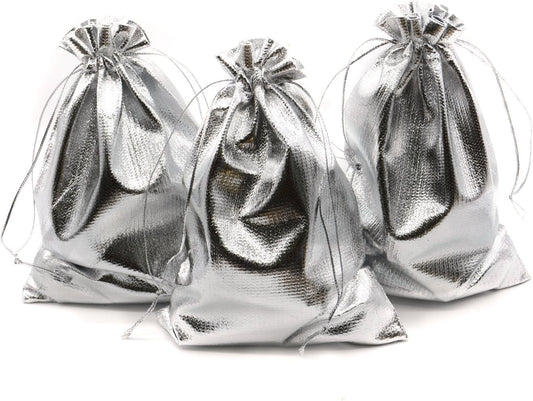 Drawstring Organza Jewelry Pouches (Silver, 3.54x4.72 Inch (Pack of 100))