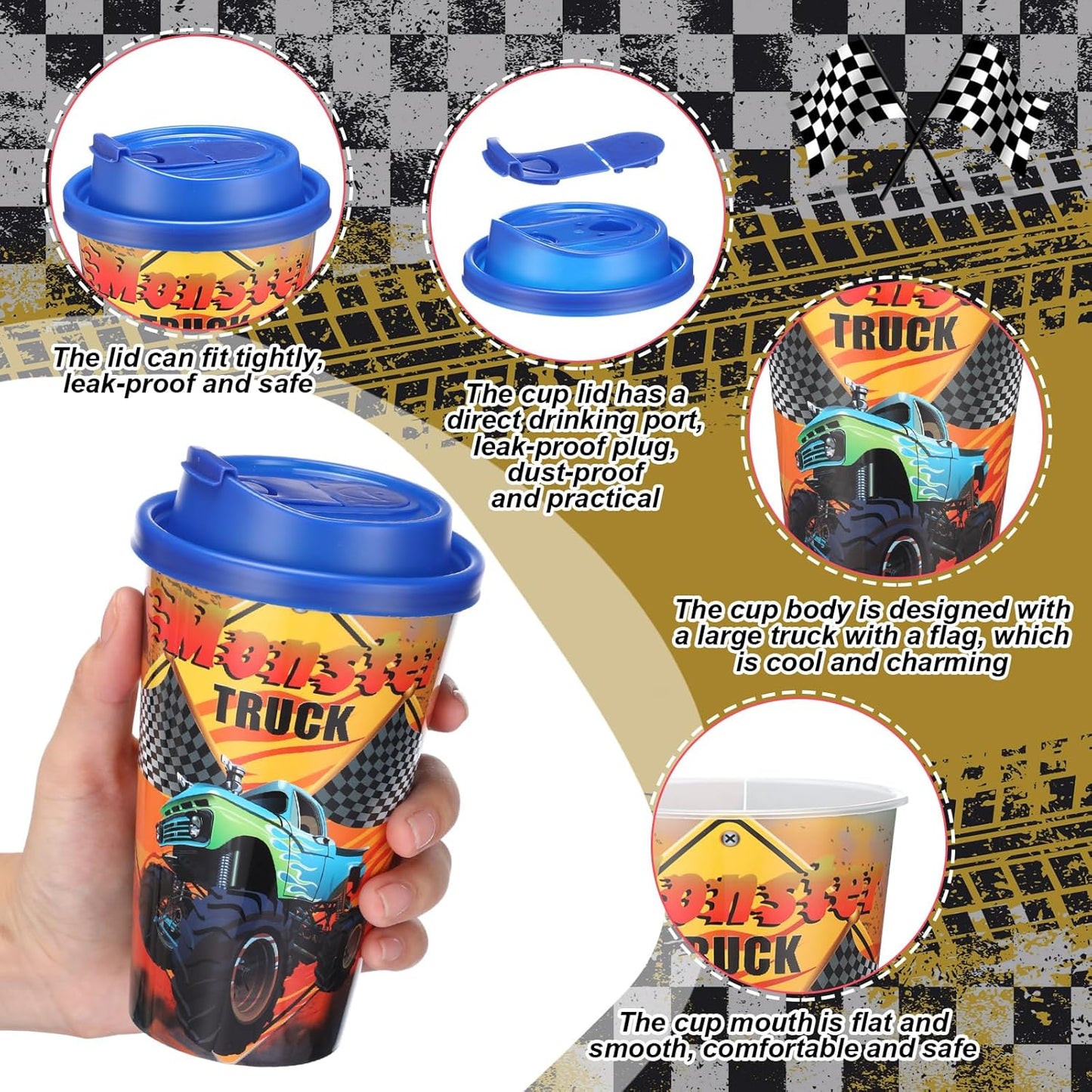 Yungyan 36 Sets Monster Truck Party Favors Goodie Cups with Lids and Straws for Birthday Decorations Reusable 16oz Plastic Candy Cups Plastic Straws for Birthday Party (Truck)