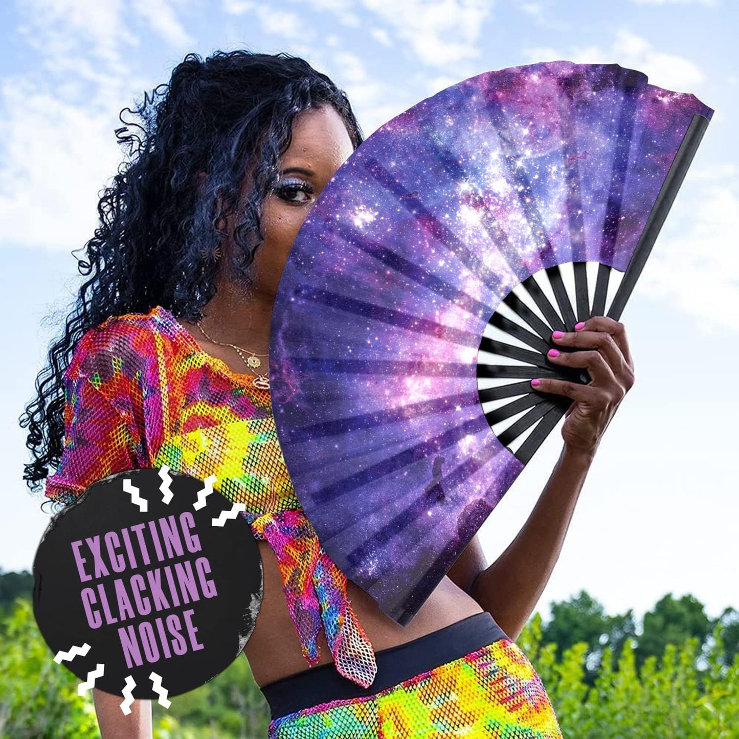 GloFX Folding Fan - Galaxy - Large Rave Clack Folding Hand Fan for Men/Women - for EDM, Music Festival, Club, Event, Party, Dance, Performance, Decoration, Gift