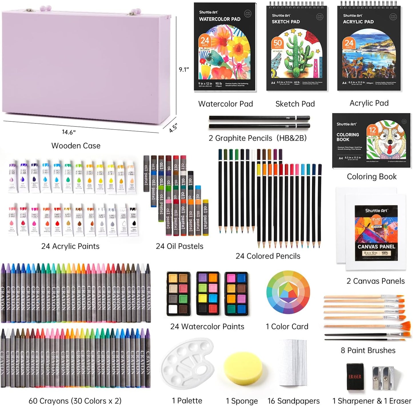 Shuttle Art Deluxe Gift Art Kit, 202-Piece Wooden Art Supplies Set with 4 Drawing Pads, Canvases, Coloring Sheets, Acrylic Paint, Crayons, Oil Pastels, Colored Pencils for Kids