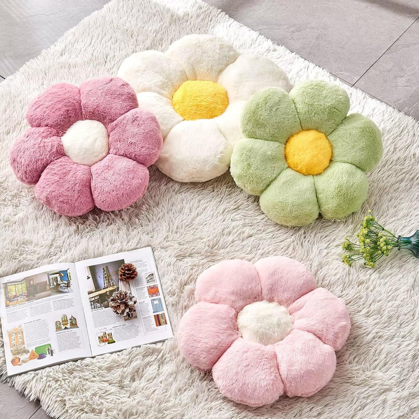 White Flower Pillow, 17.7" Flower Shaped Plush Decorative Throw Pillow for Bed