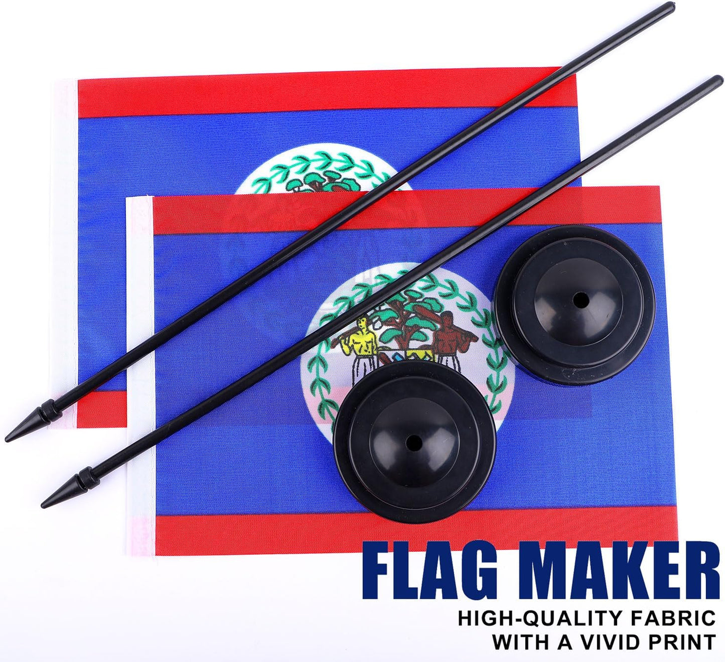 Belize Desk Flag 12" Solid Pole Deluxe Set Belizeans Flags Banner Mini Small Belize Office Table Flags with Black Stand Base Desktop Decorations(2Pack)
