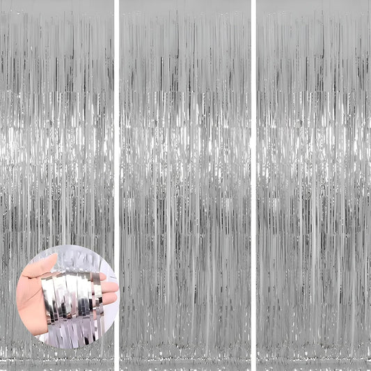 Keyali 3 Pack 3.3 * 8.3 ft Foil Curtain Metallic Tinsel Fringe Curtains Photo Booth Props Backdrop for Birthday Wedding Engagement Baby Shower Christmas Holiday Celebration Partyl,Silvery