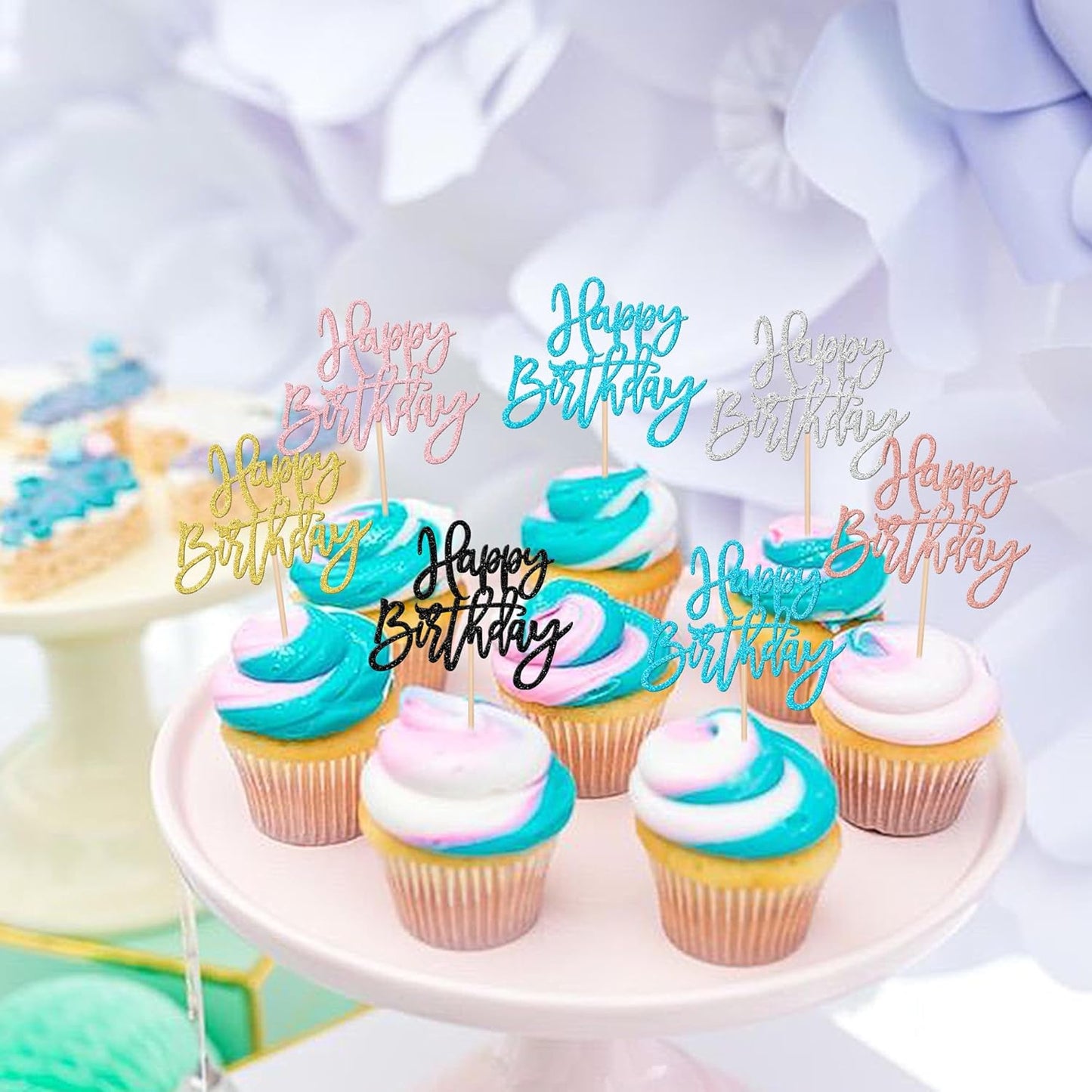24 PCS Glitter Cupcake Toppers - Happy Birthday & Anniversary Picks - Multi 6 Colors