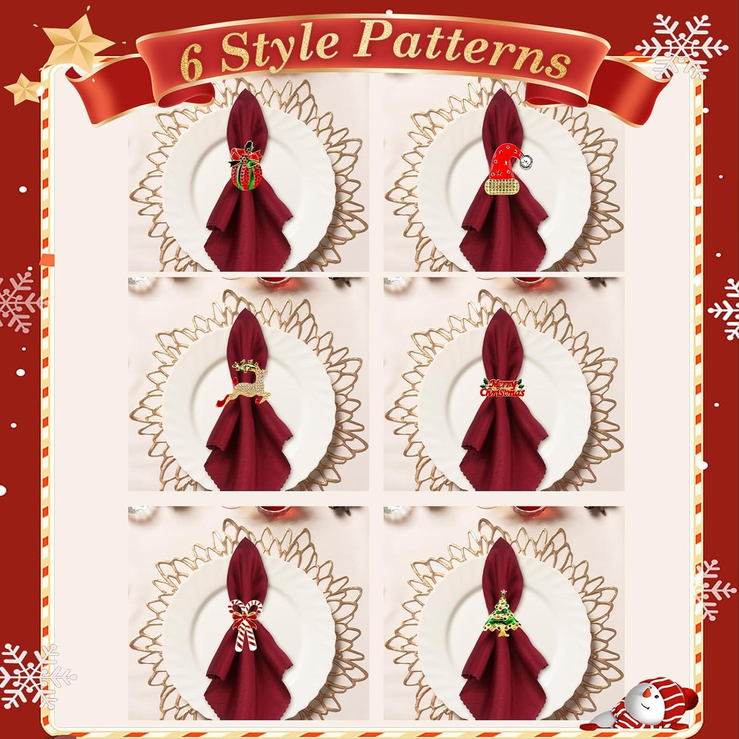 KPOSIYA Set of 12 Christmas Napkin Rings for Dinning Table Setting, Metal Xmas Napkin Ring Holders for Wedding Receptions, Winter, Thanksgiving Holiday Party Dinner Parties