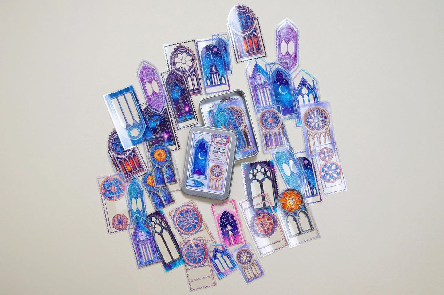 34 Pcs Fantasy Windows Sticker Set with Collectible Tin Box – Vintage Inspired Scrapbooking Stickers for Journals, Planners, Cards, DIY Crafts, Collage, Decorative Stationery & Creative Projects