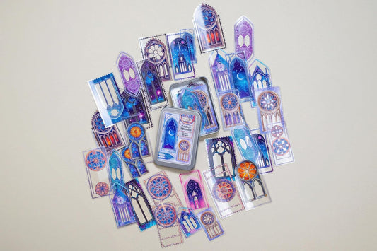 34 Pcs Fantasy Windows Sticker Set with Collectible Tin Box – Vintage Inspired Scrapbooking Stickers for Journals, Planners, Cards, DIY Crafts, Collage, Decorative Stationery & Creative Projects