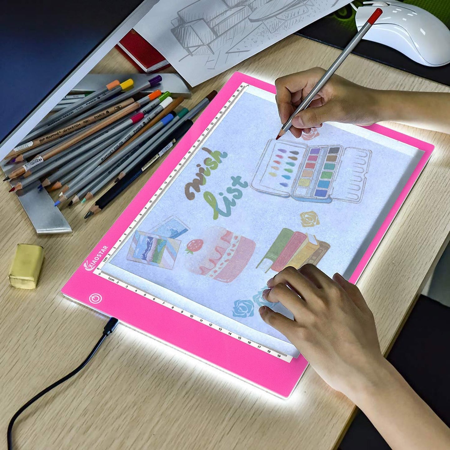 Light Box Drawing A4,Tracing Board with 3 Brightness Adjustable for Artists, Animation Drawing, Sketching, Animation, X-ray Viewing (Red)