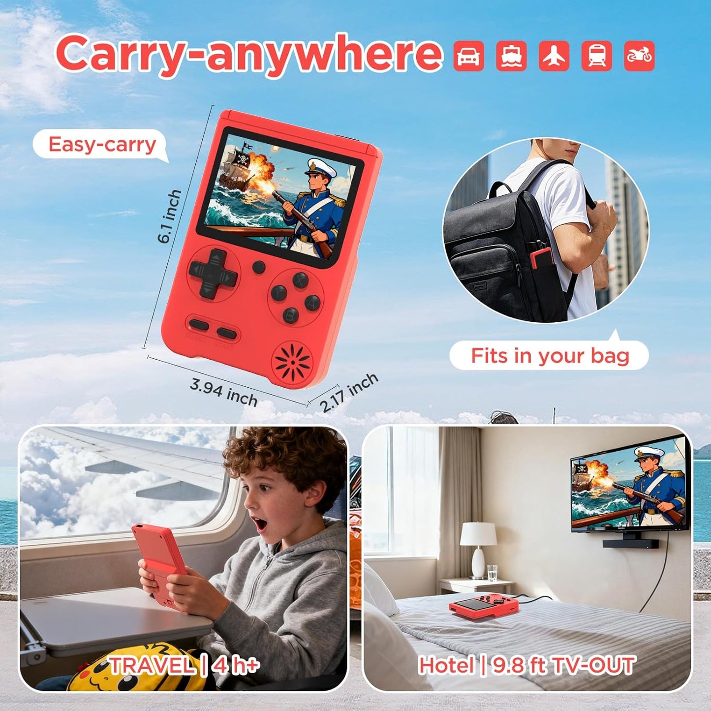 Retro Handheld Game Console, 3-inch Portable Game Console with 500 Built-in Classic Games, 1200mAh Rechargeable Battery,Plug & Play Video Games, Suitable for Adults - Red