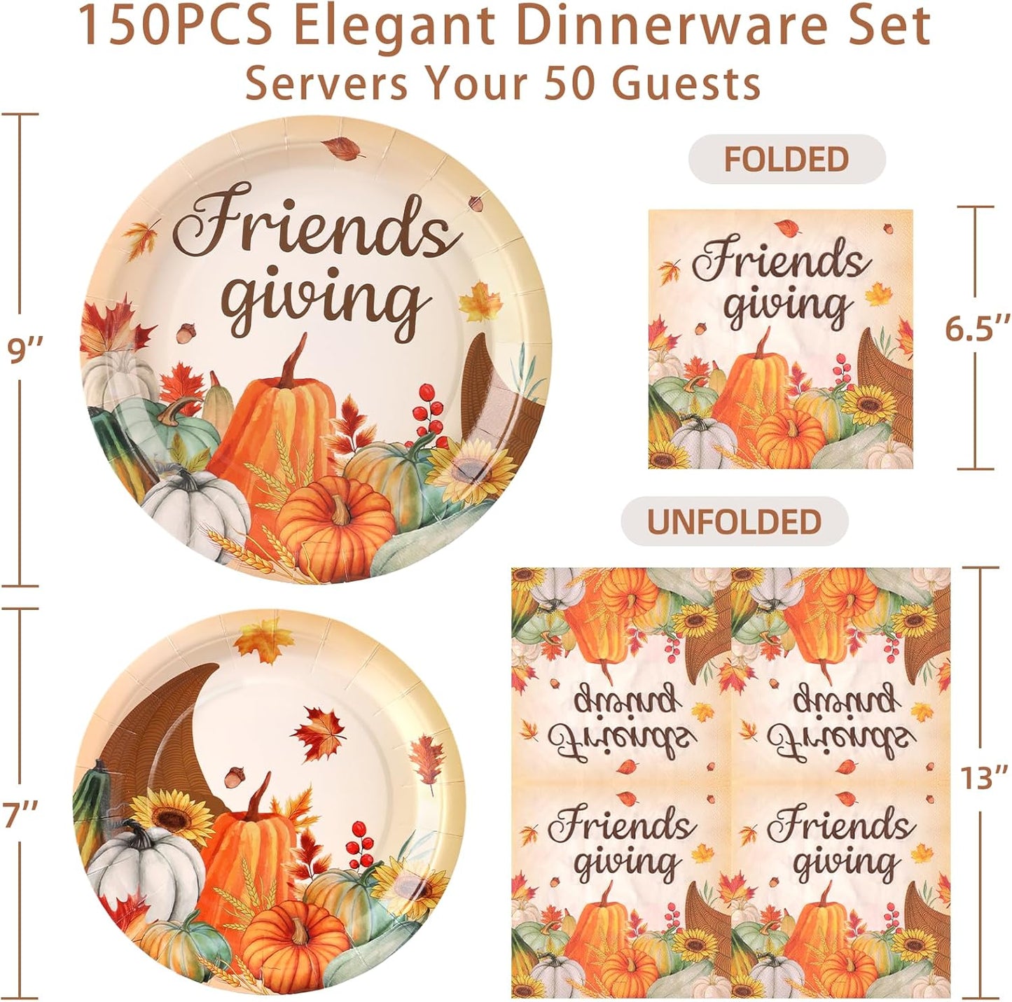 Friendsgiving Plates and Napkins Sets for 50 Guests, Thanksgiving Paper Plates and Napkins Party Supplies for Thanksgiving Friendsgiving Party Decorations