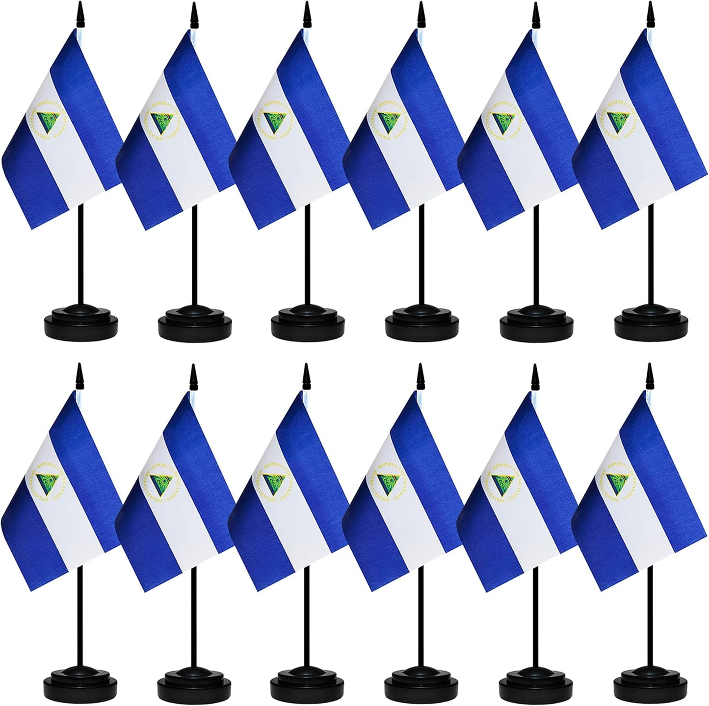 12 Pack Nicaragua Desk Flags Set, Nicaraguan Small Mini Table Office Flags with 12" Solid Black Pole, 8.2 x 5.5 Inches, Home and Office Decoration, Festival Celebrations