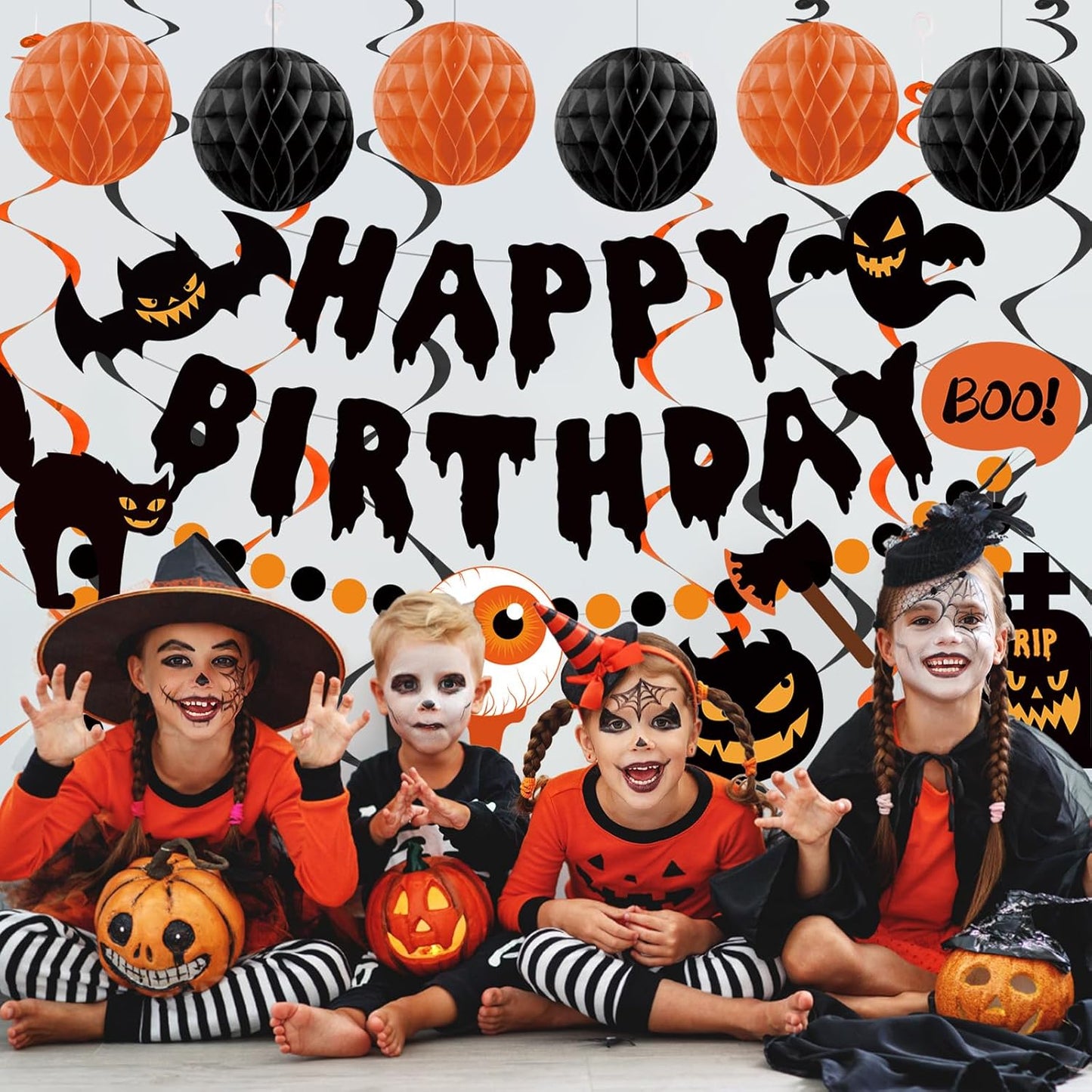 Halloween Birthday Decorations, Happy Birthday Banner for Halloween Party, Kid's Party Decorations with Honeycomb Balls, Hanging Swirl Streamers, Circle Dot Garland