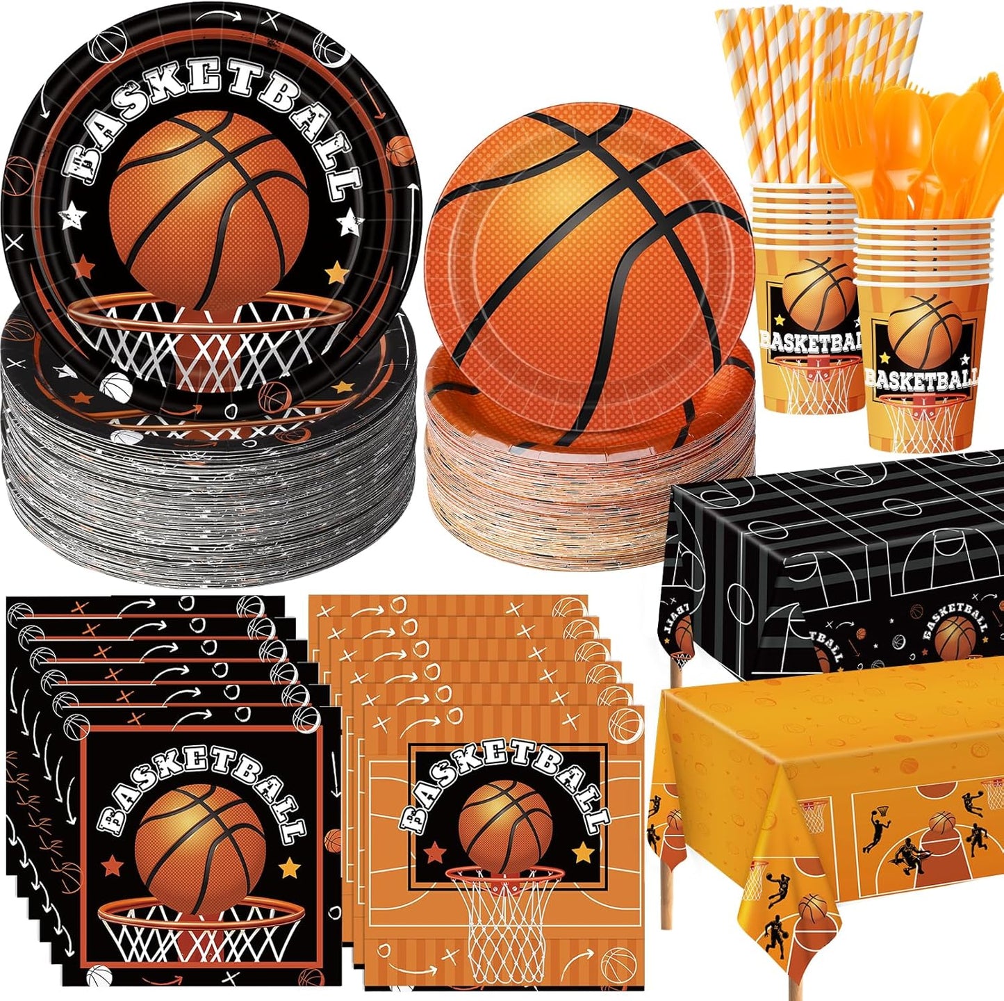 452 Pcs Basketball Party Decorations for 50, Basketball Paper Plates and Napkins Cups Tablecloth Cutlery Straws Disposable Tableware Set for Sports Themed Birthday Team Party Supplies