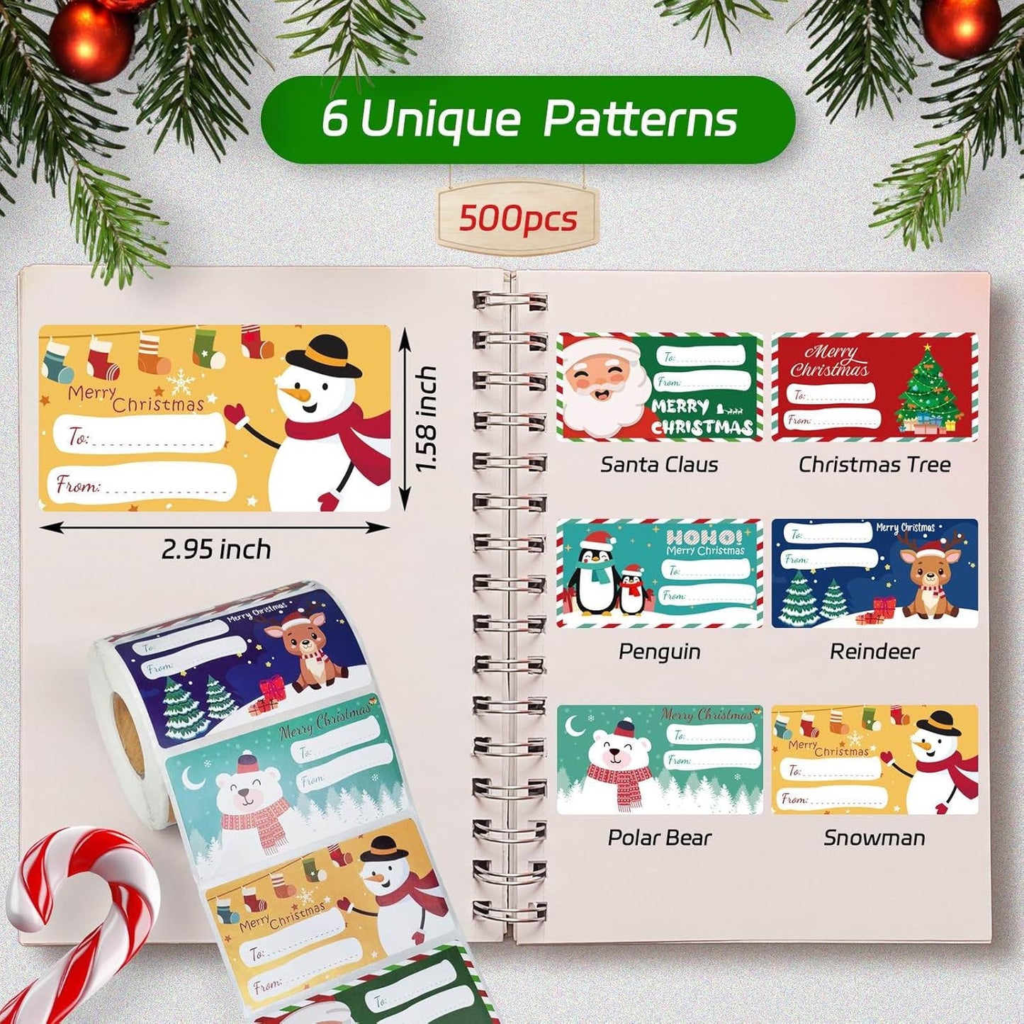 500 PCS Christmas Gift Tags, Self Adhesive Santa Claus Stickers, Festive Holiday Name Labels for Wrapping Paper Presents Decor, 6 Designs