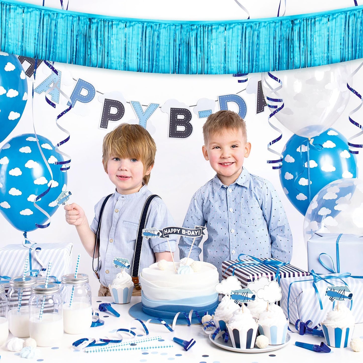 Light Blue Birthday Decorations Tinsel Garland Parade Float Decorations for Trailer 4Pack 12FT Under The Sea Party Decor Ceiling Fringe Banner Backdrop for Streamers Party Decorations