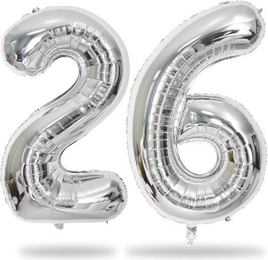 26 Balloons Number, Giant Silver Number 2 & 6 Helium Foil Balloon for Women 26th Birthday Decor, 40 Inch Self Inflating Mylar Number 26 Balloons for Man 62 Anniversary Party Decorations Supplies