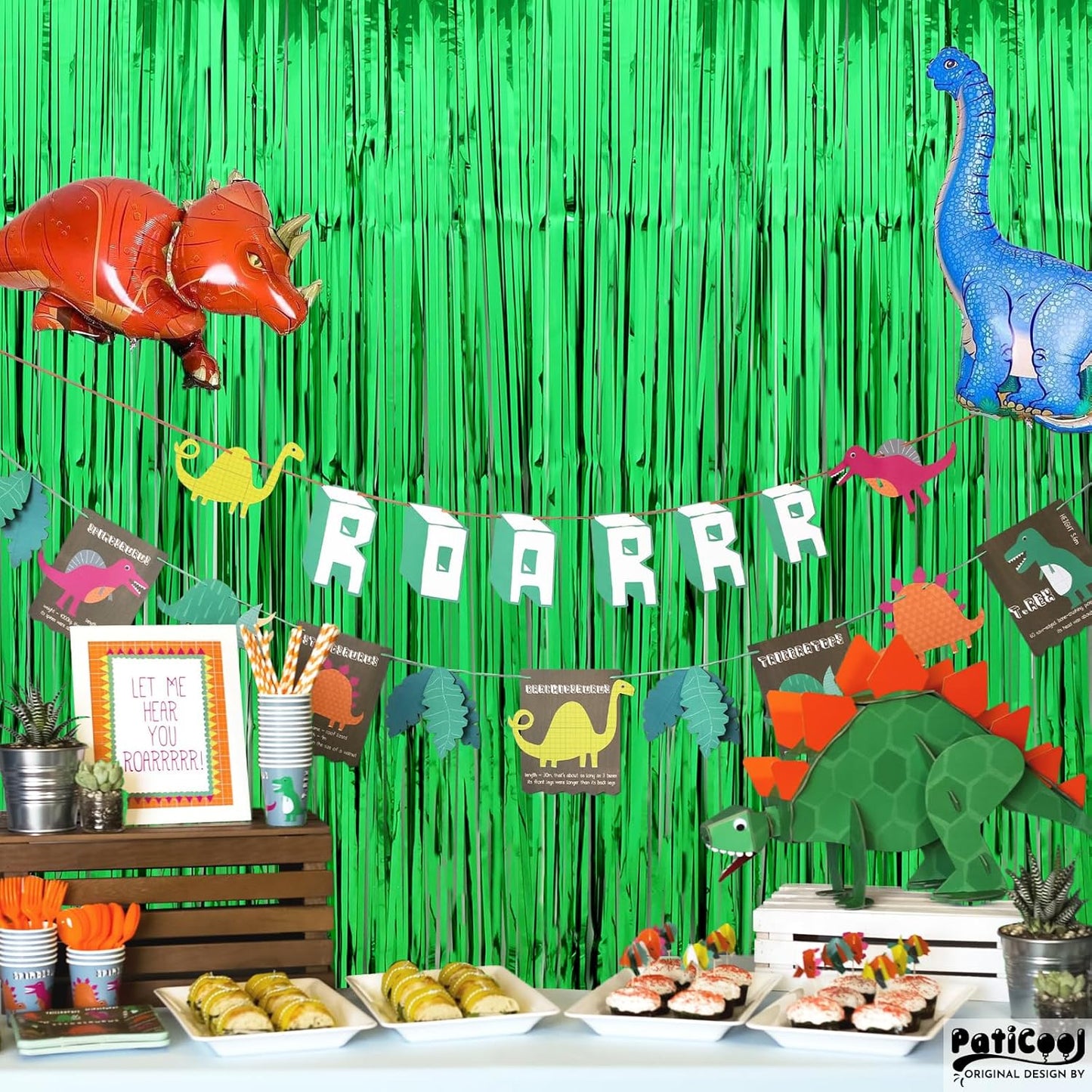 Green Streamers - Thicken 2 Pack 3.2 x 8.2 FT - Tinsel Foil Fringe Curtains Party Backdrop for Birthday, Dinosaur, Jungle, Football, Golf Party Decorations