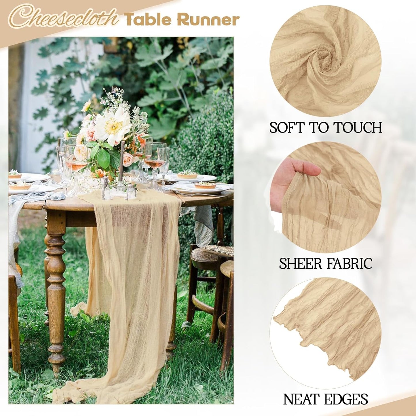 Aktor 4 Pack Beige Table Runner Boho Cheesecloth Table Runner Semi Sheer Gauze Fabric Runners for Wedding Birthday Baby Shower Party Boho Table Decoration（Beige）