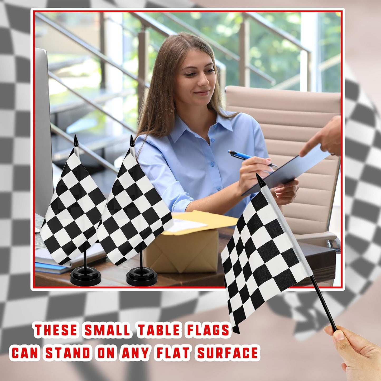 28 Pcs Black and White Checkered Racing Stick Flag Mini Race Car Office Table Desk Flags with Stand Base for Race Car Office Home Decorations and Party Celebrations