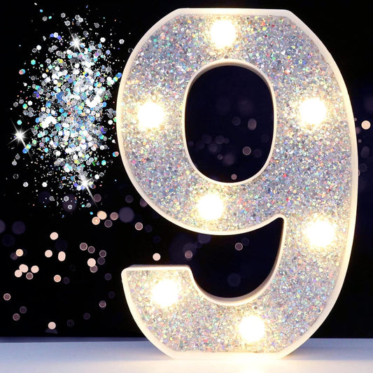 Pooqla Marquee Light up Numbers, Lighted Numbers for 9th Birthday Decorations, Night Light Battery Powered for Silver Party Decorations, Gift for Boys Girls Christmas Wedding Home Room Decoration