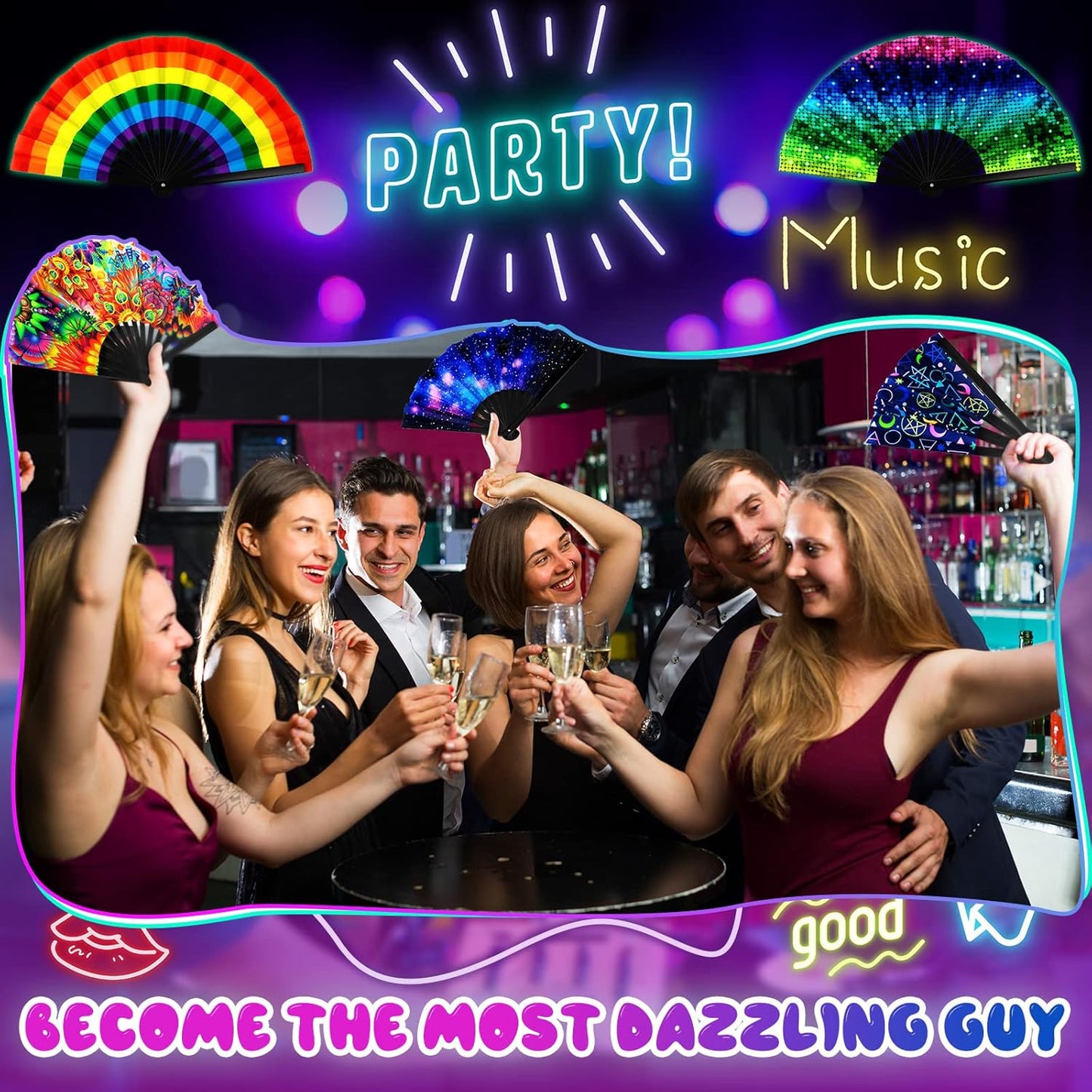 Qunclay 12 Pieces UV Glow Large Rave Folding Hand Fan Festival Fan for Men Women Chinese Japanese Clack Handheld Fan with Rainbow Butterfly for Drag Queen Dance Performance Music Party Gifts, 24 Inch