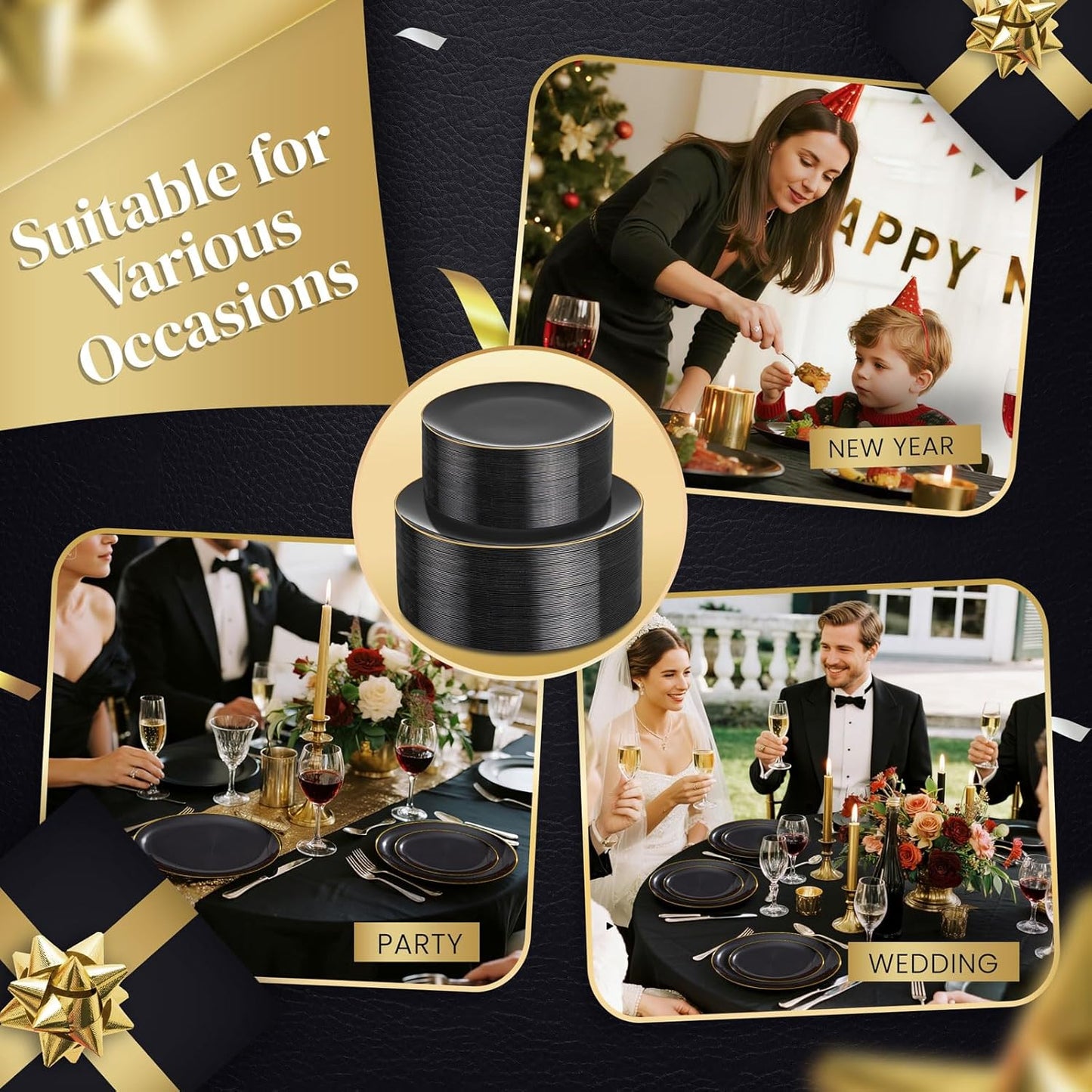 KIRE 200Pcs Black Plastic Plates - Black Plates Disposable for Party - Include 100 for Dinner and 100 for Dessert for Birthday/Wedding/Halloween