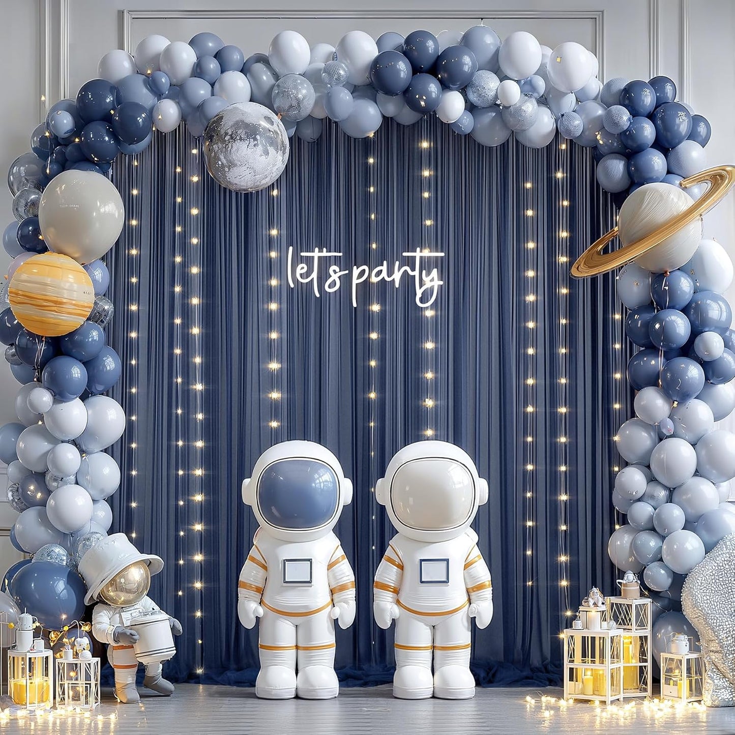 10×10ft Navy Blue Tulle Backdrop Curtain with Lights String for Parties, Sheer Photo Backdrop Curtains for Wedding Party Photography Background