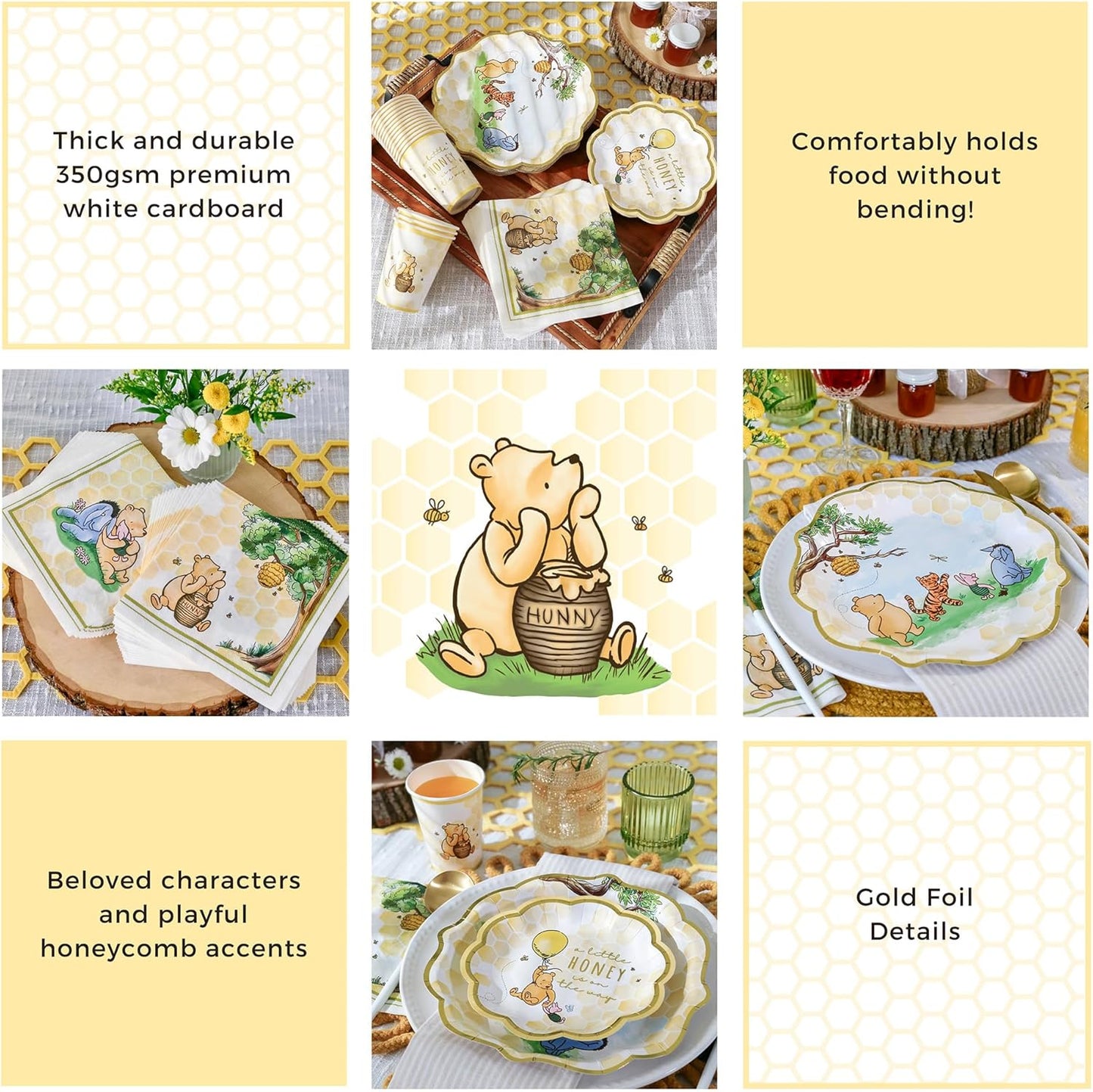 Kate Aspen Honey Bear 78-Piece Winnie Baby Shower Plates and Cups and Napkins Sets for 16 Guests, Classic Winnie Baby Shower Decorations Boy or Girl, Party Paper Plates & Party Supplies