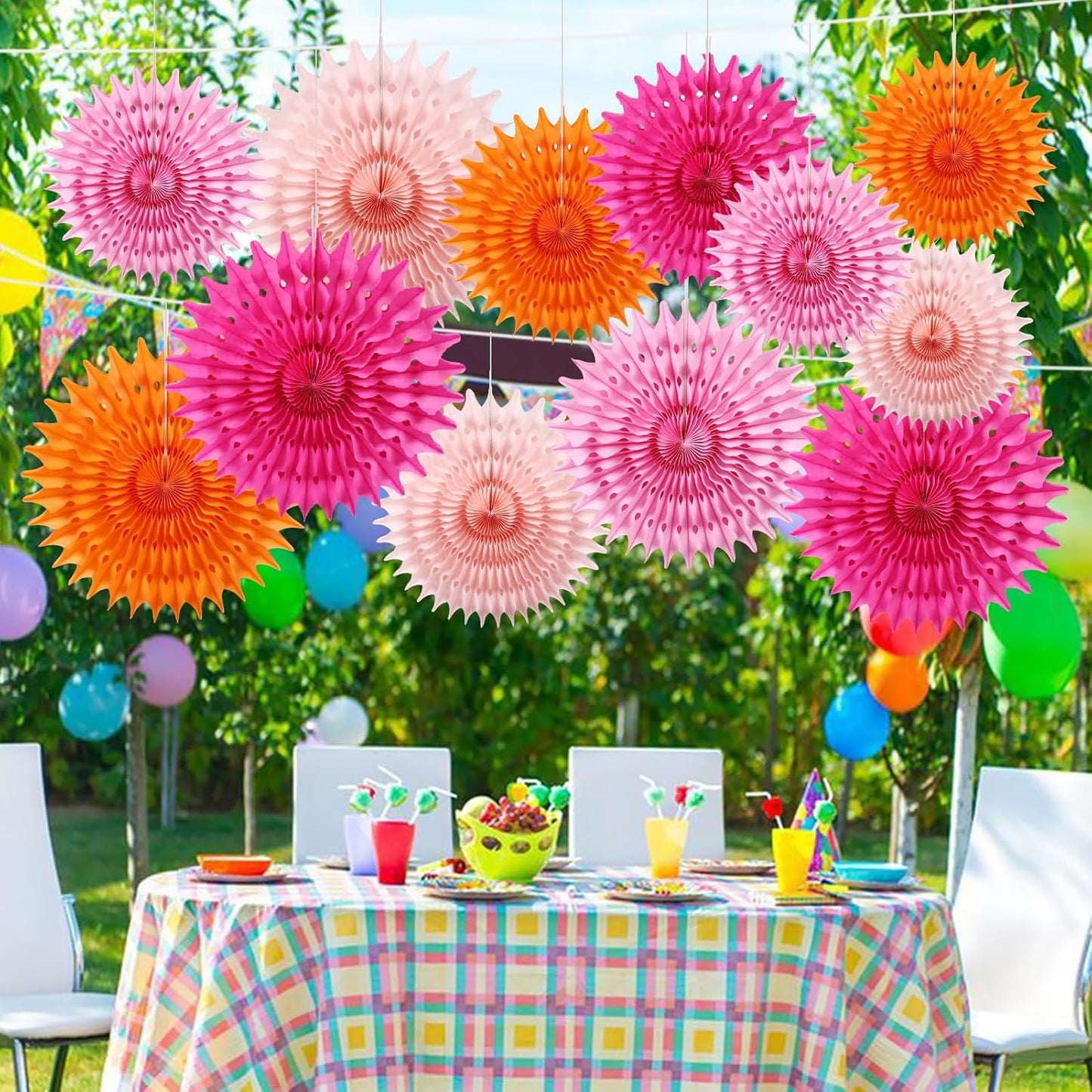 BestoFun 12PCS Paper Fans Orange and Hot Pink Party Decorations Tissue Paper Flowers Decorations for Girl Groovy Birthday Baby Shower Wedding Bachelorette Room Wall Hanging Décor