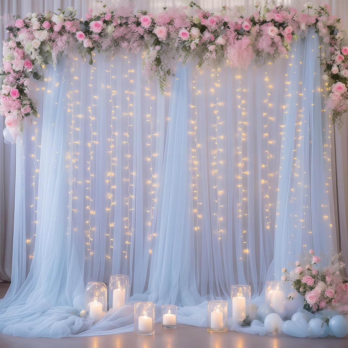 10×10ft Blue Tulle Backdrop Curtain with Lights String for Parties, Sheer Photo Curtain Backdrop Drapes for Wedding Party Photography Backgrounds