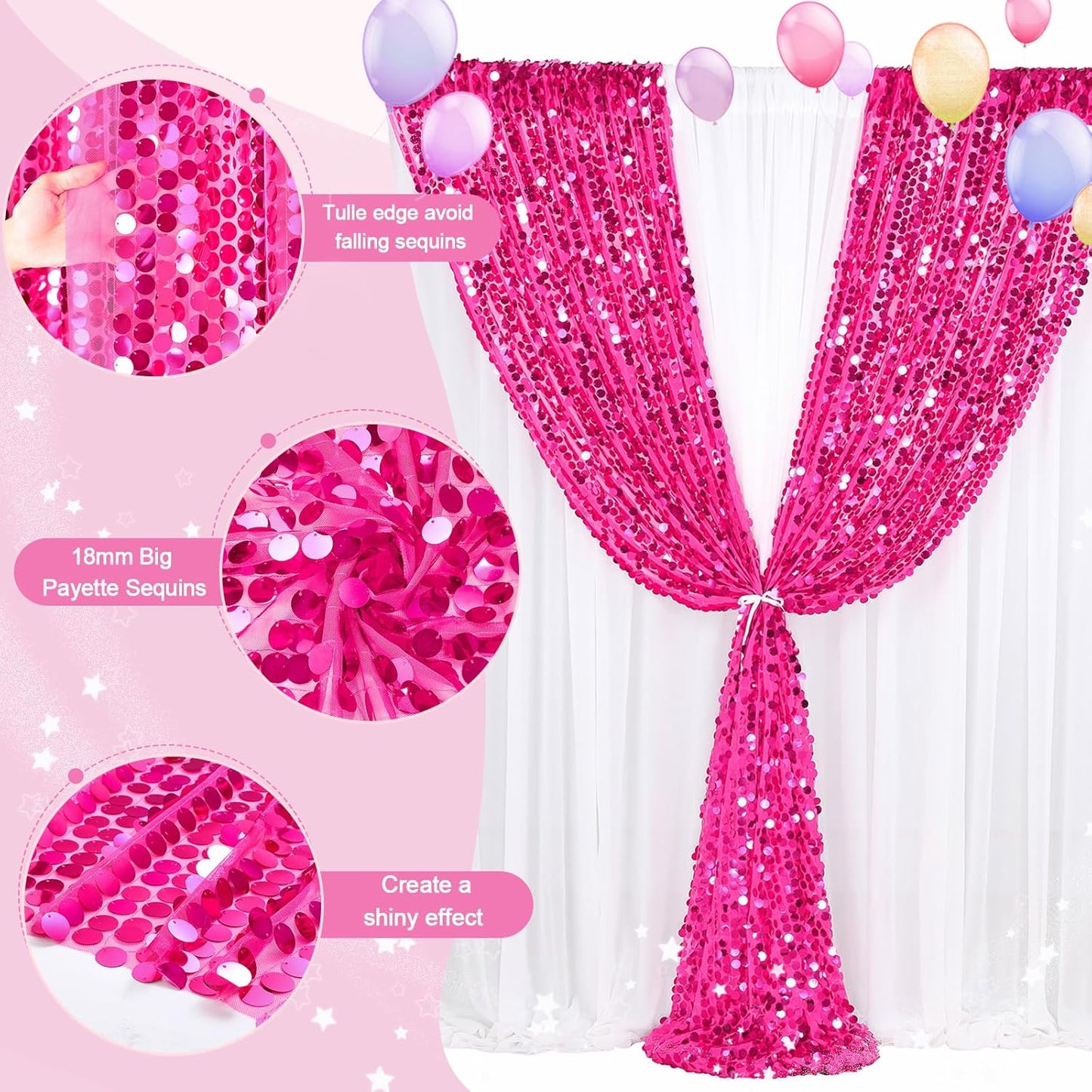 18mm Glitter Payette Backdrop 2 Panels 4ftx8ft Hot Pink Sequin Drapes Panels Wedding Stage Background Decorations Fabric
