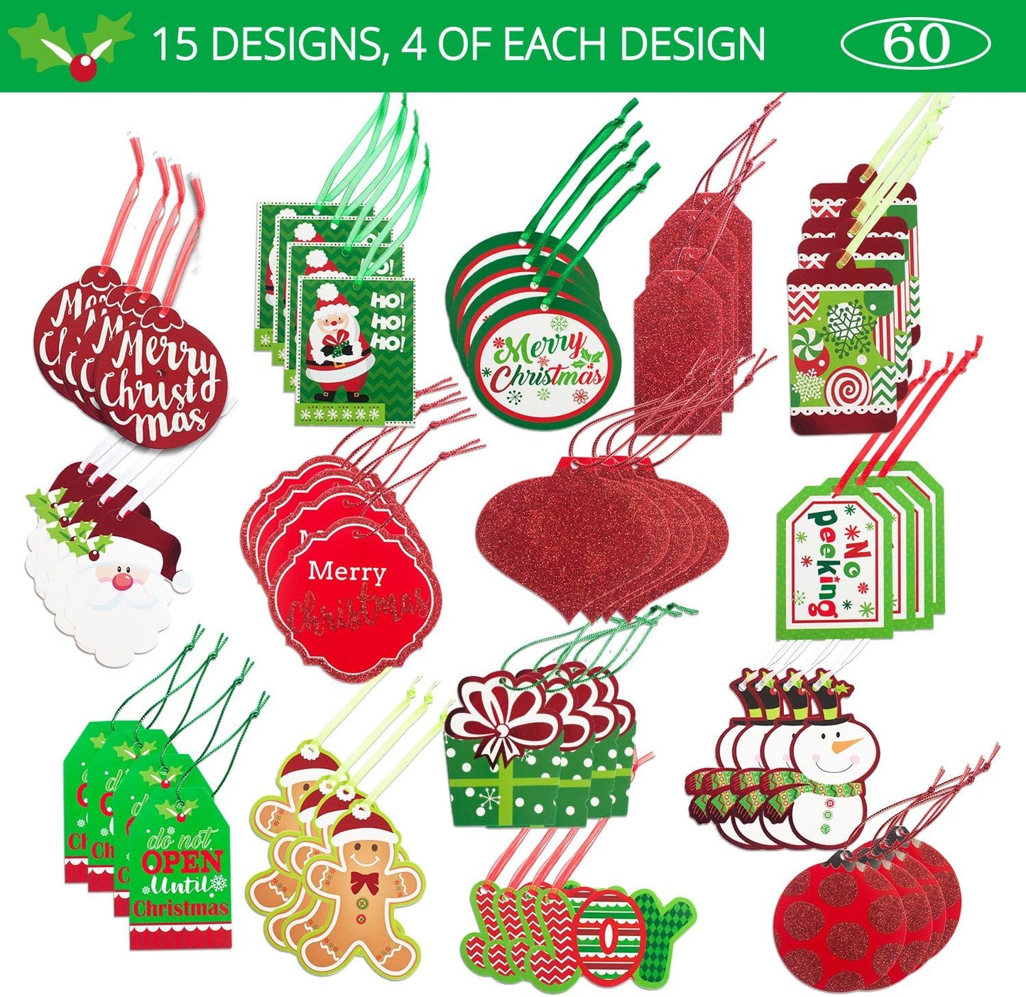Christmas Gift Tags 60 Count with Untied String (15 Assorted Glitter, Foil, Printed Designs for DIY Xmas Present Wrap and Label Package Name Card)