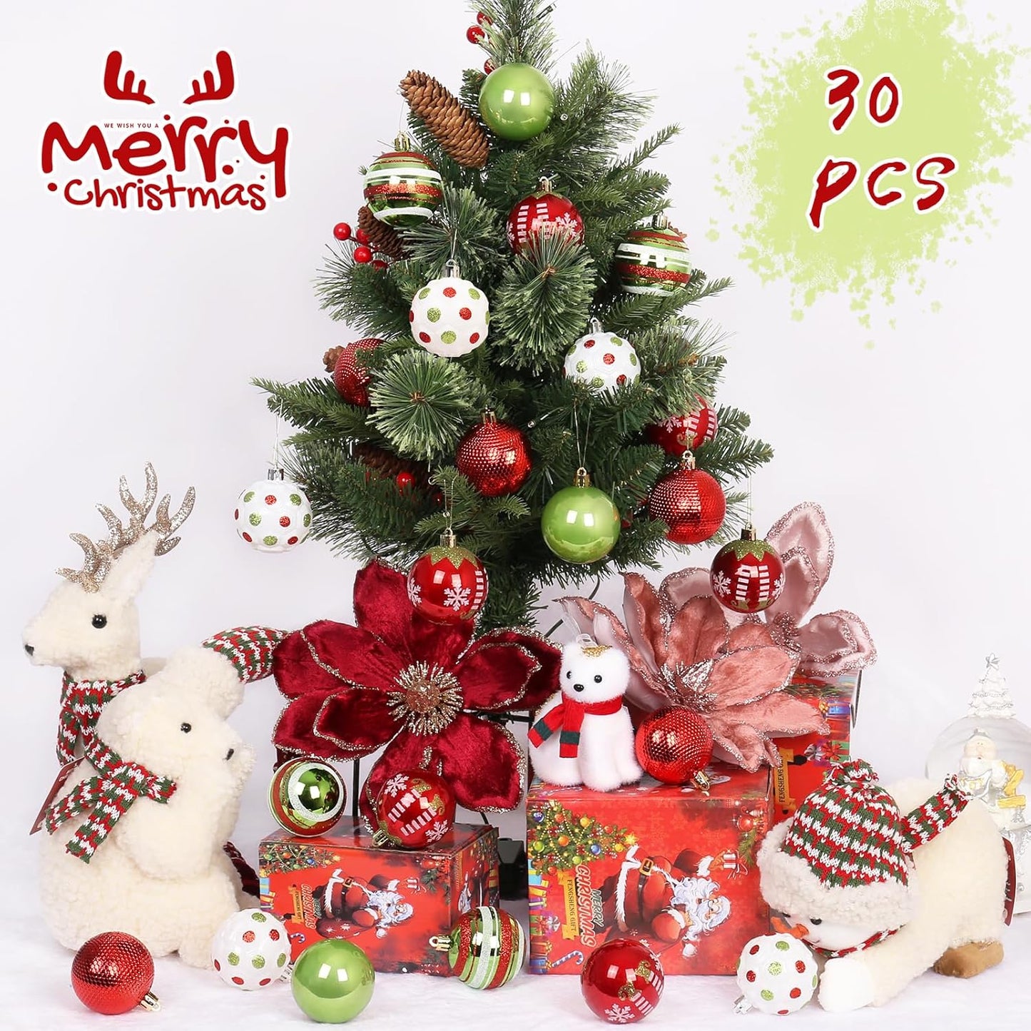 RoseCraft 30PCS Christmas Ornaments Set, 60MM/2.36" Red Green White Christmas Balls, Shatterproof Plastic Xmas Decorations for Christmas Tree Hanging Holiday Party Decor.