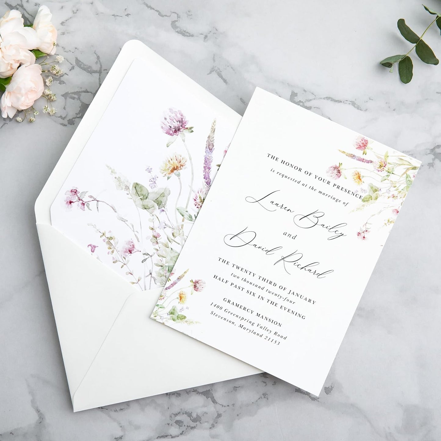 PONATIA 50PCS A7 Euro Flap Ivory Envelope, 5.25 x 7.25'' Wild Flowers Liner Envelopes for Wedding Invitations, Photos, Postcards, Greeting Cards, Christmas Gift Cards, Acrylic Mailing, 5x7 Envelopes