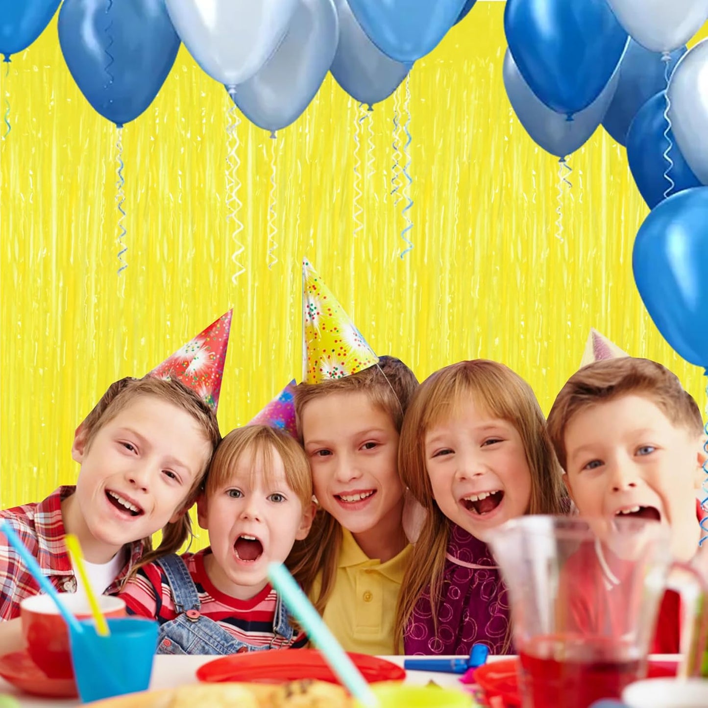 BEISHIDA 2Pcs Gold Door Streamer Fluorescent Gold Backdrop Blue Foil Fringe Curtains Tinsel for Birthday Baby Shower Halloween Backdrop Wedding Party Decoration (3.28 ft x 6.56 ft)