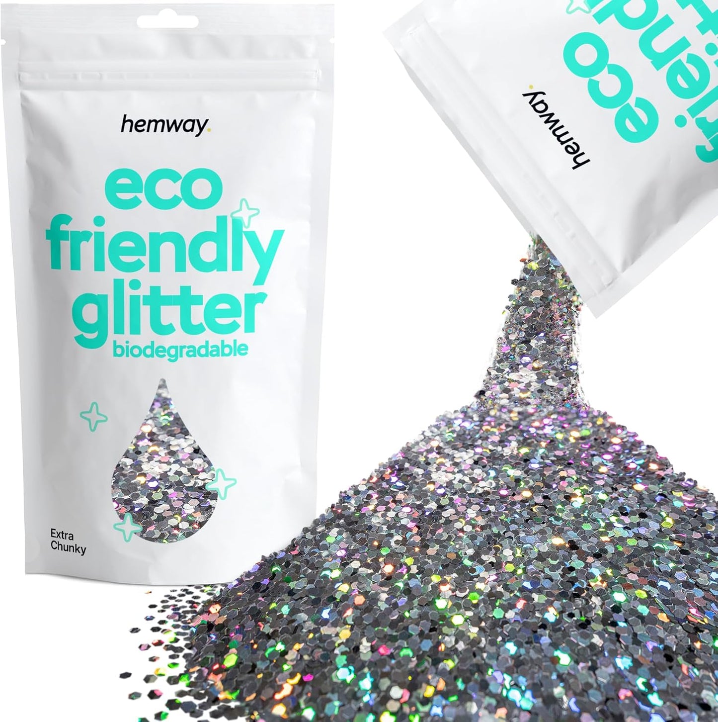 Hemway Eco Friendly Biodegradable Glitter 100g / 3.5oz Bio Cosmetic Safe Sparkle Vegan For Face, Eyeshadow, Body, Hair, Nail And Festival - Extra Chunky (1/24" 0.040" 1mm) - Gun Metal Grey Holographic