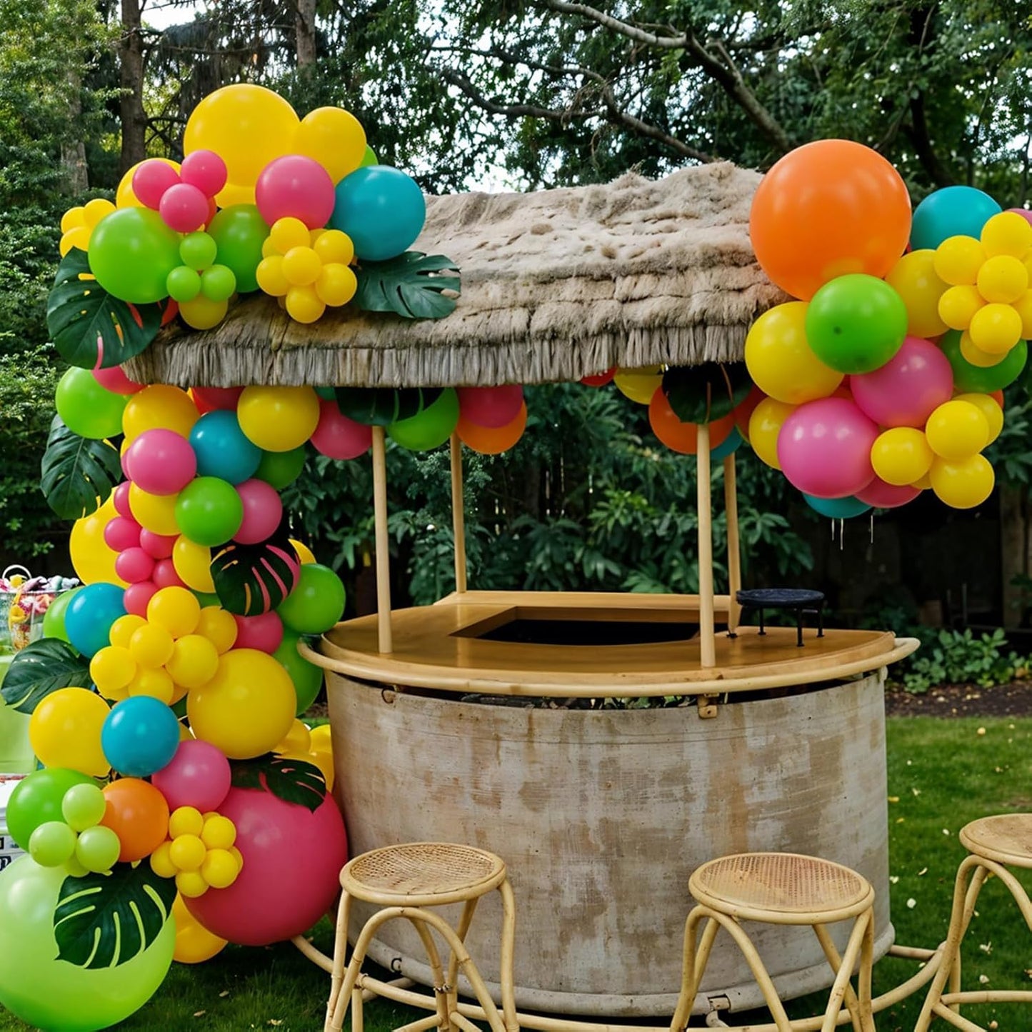 Tropical Balloons, 12 Inch Teal Metallic Gold Orange Pink Hot Fruit Green Balloons with Palm Leaves for Aloha Luau Pool Party Hawaiian Baby Shower Summer Birthday Party Decorations