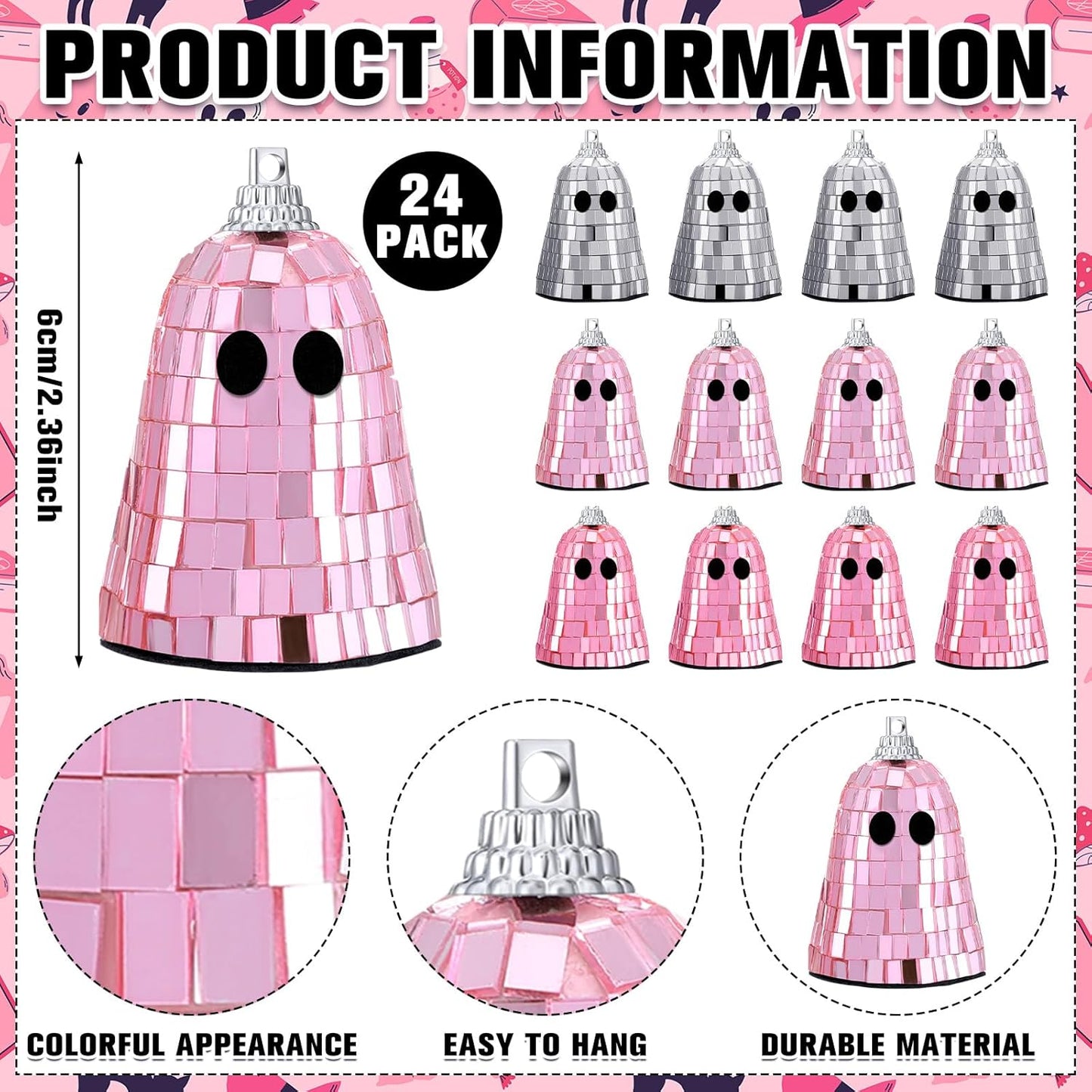 24 Pcs Halloween Disco Ghosts Decor Halloween Ornament Silver Mirror Disco Skeleton Tabletop Centerpiece for Holiday Cosplay Home Props Gift Party Decorations (Pink)