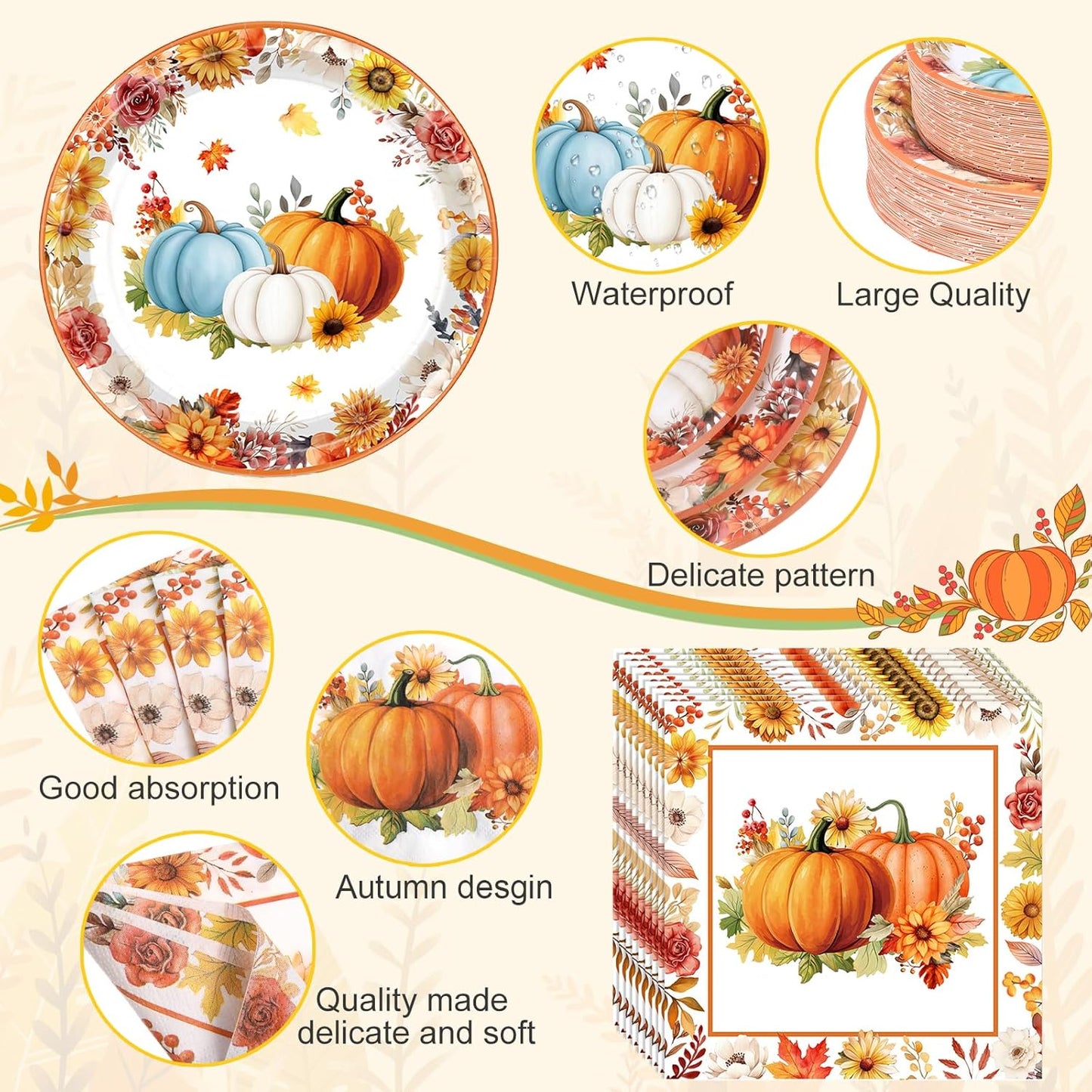 452 Pcs Fall Party Decorations Thanksgiving Party Supplies Fall Maple Leaves Pumpkins Paper Plates Napkins Cups Tablecloth Cutlery Straws for Autumn Thanksgiving Harvest Birthday Holiday