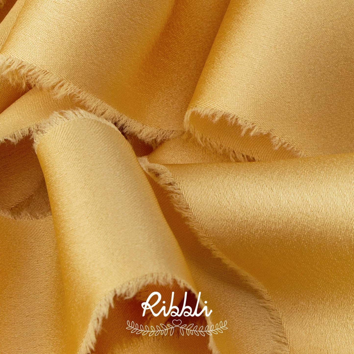Ribbli Gold Silk Satin Ribbon 1.5 Inch x 12 Yard Handmade Frayed Chiffon Ribbon with Wooden Spool for Gift Wrapping, Wedding Invitations, Bridal Bouquets, Home Decor